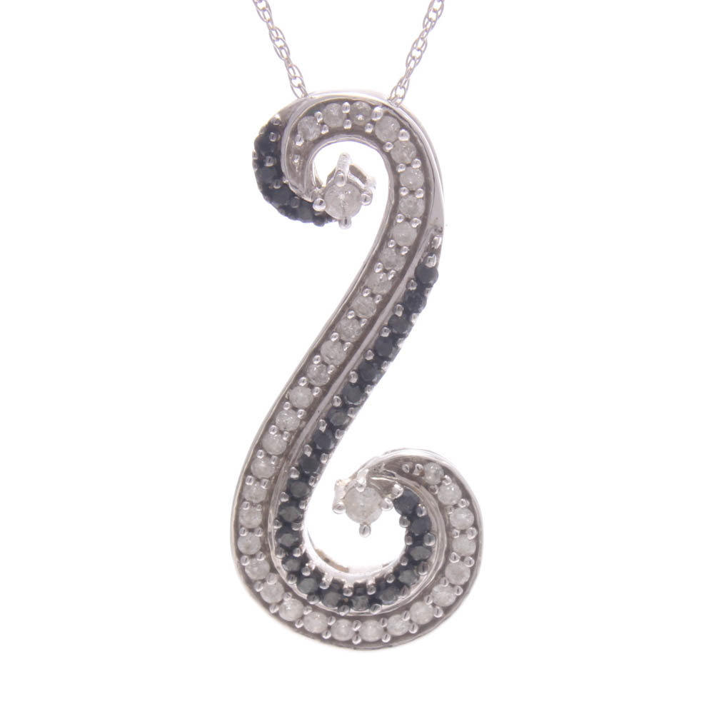 10K White Gold Diamond and Irradiated Black Diamond Pendant Necklace