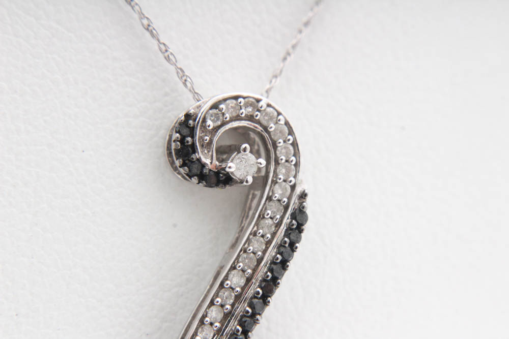 10K White Gold Diamond and Irradiated Black Diamond Pendant Necklace