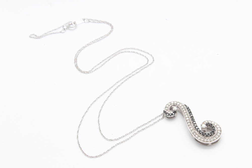 10K White Gold Diamond and Irradiated Black Diamond Pendant Necklace