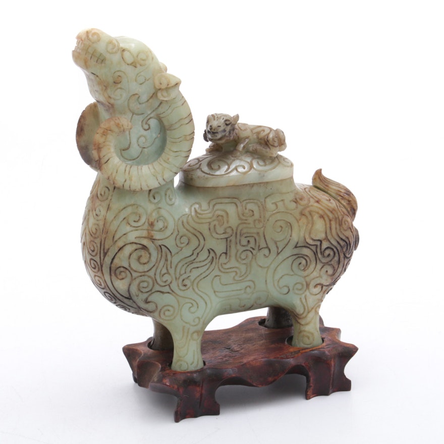 Chinese Archaistic Jadeite Ram Figurine with Guardian Lion Lid