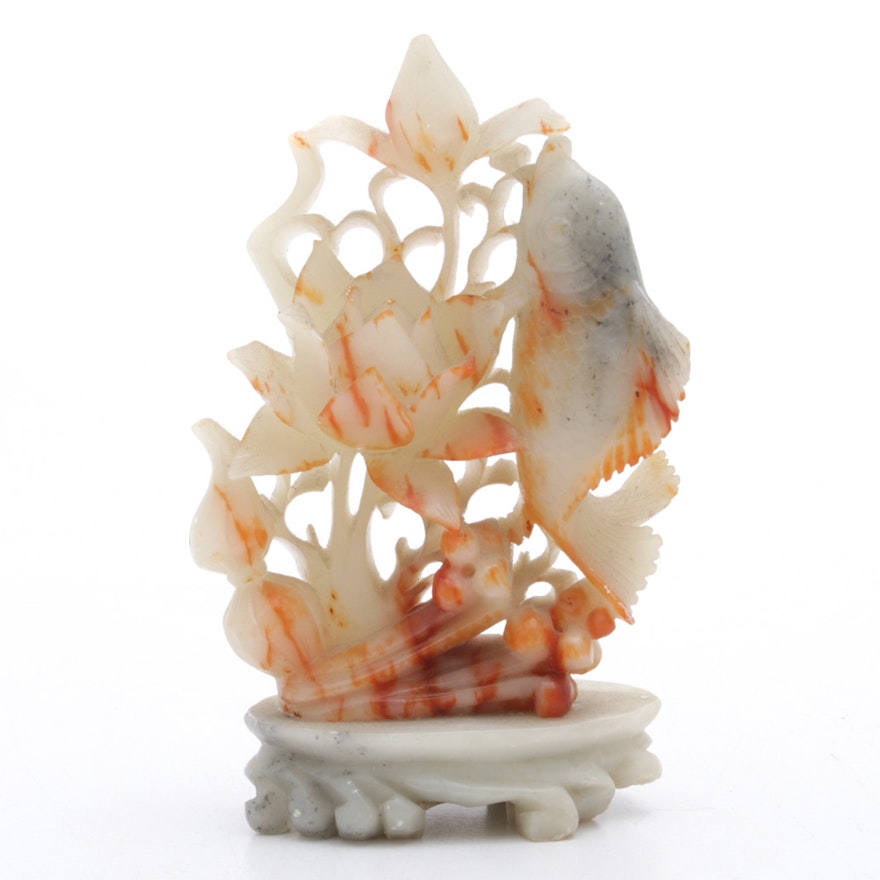 Chinese Carved Agate Stone Flower and Fish Figurine