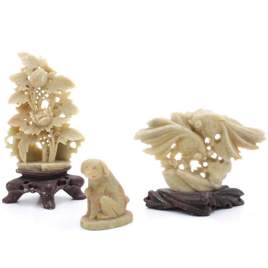 Chinese Carved Fish, Dog and Floral Soapstone Figurines