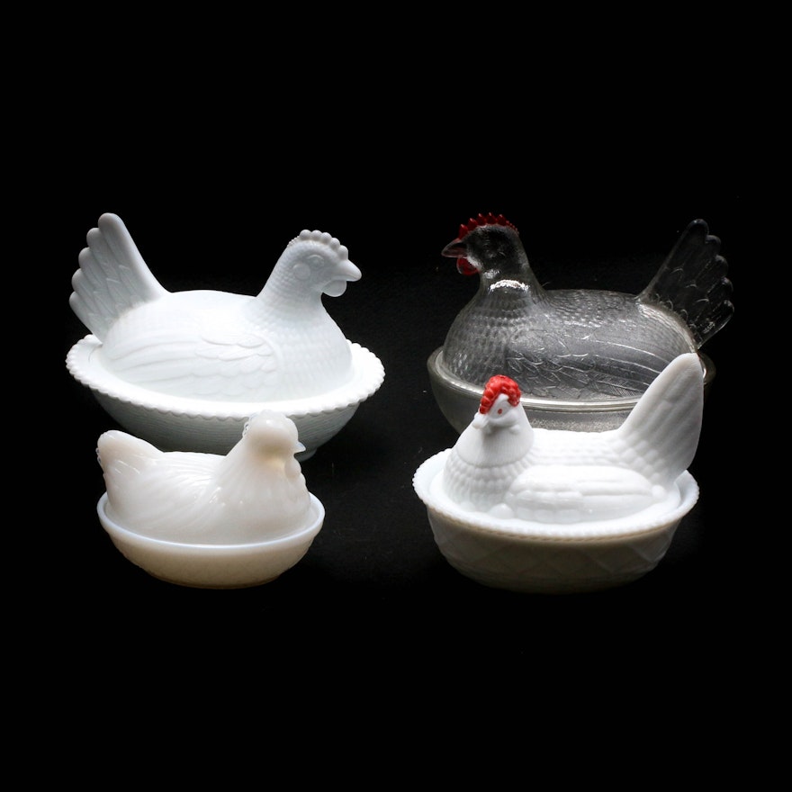 Vintage Milk Glass and Pressed Glass Hen-on-Nest Dishes