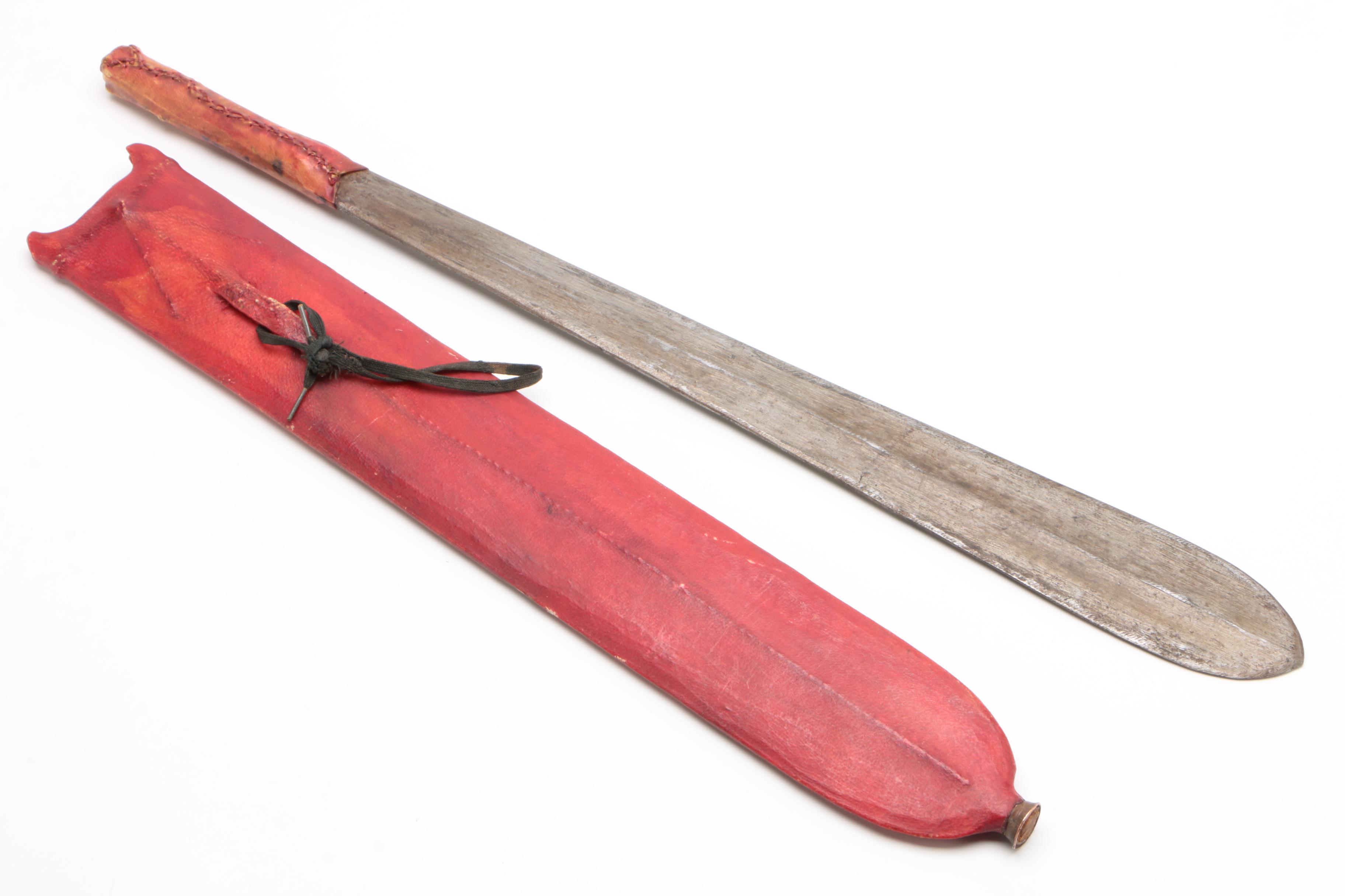Large Blunt Bladed Sword with Red Leather Sheath