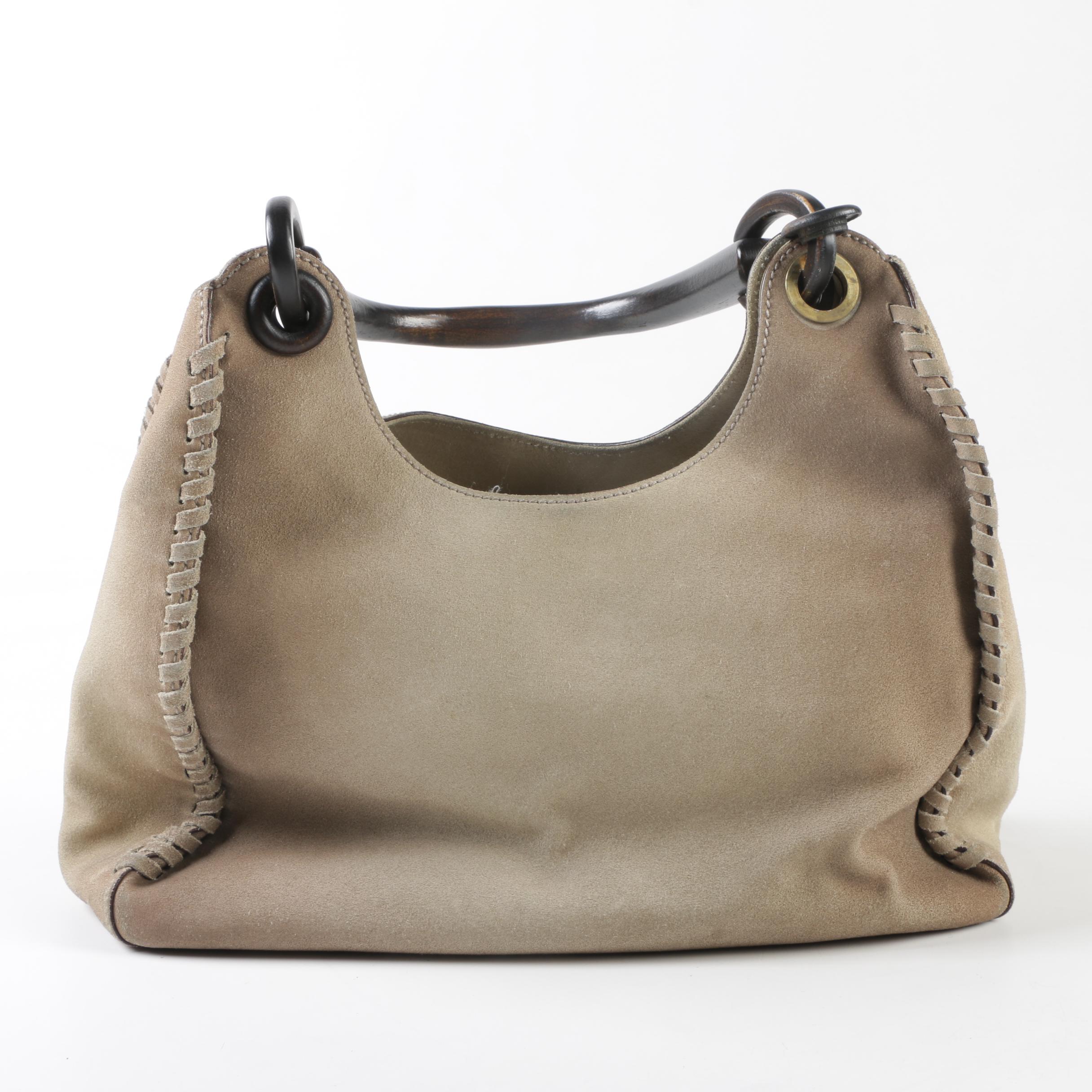 Gucci Stone Suede Whipstitched Hobo Bag with Wood Handle