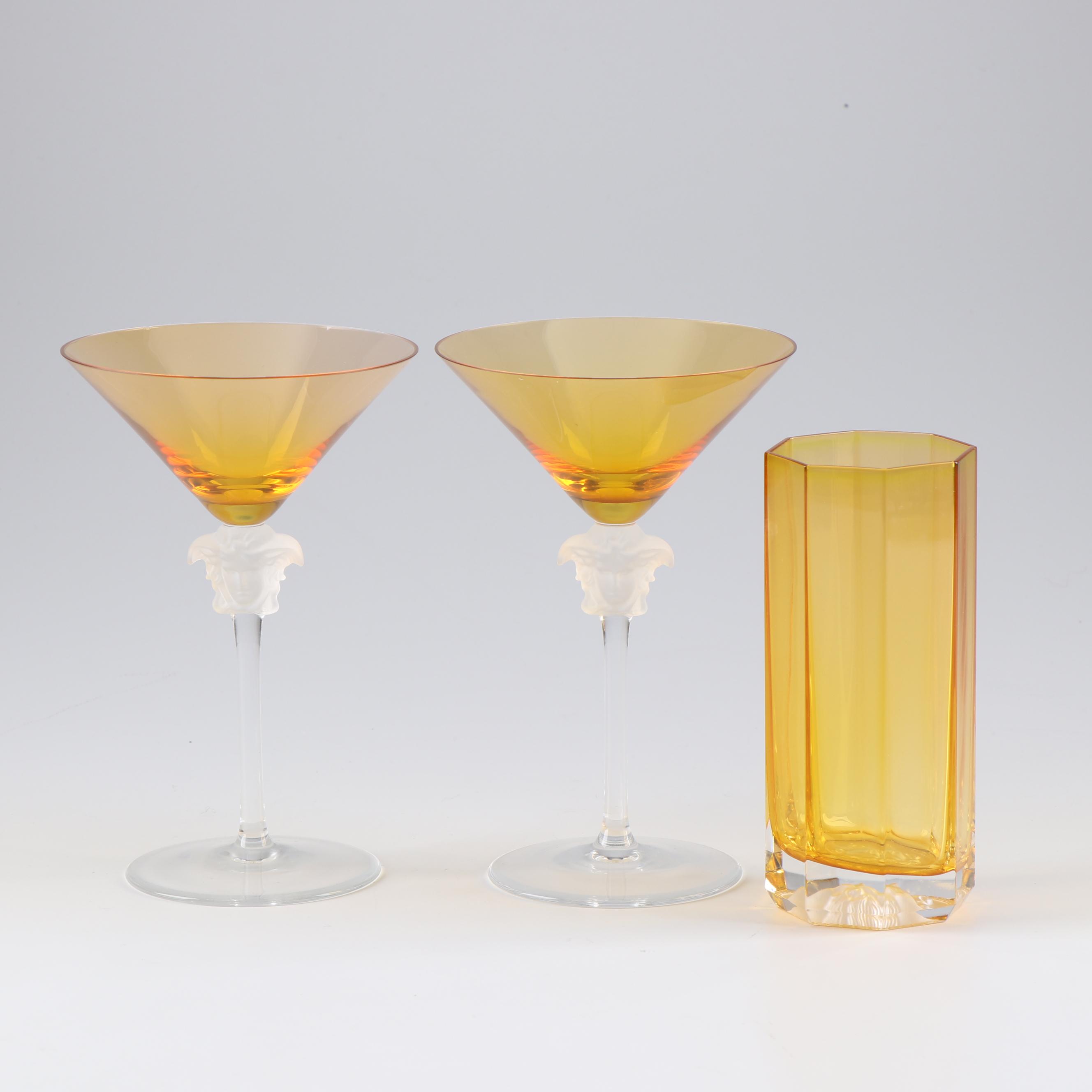 Versace Rosenthal "Medusa Lumiere Amber" Crystal Martini Glasses and a Tumbler