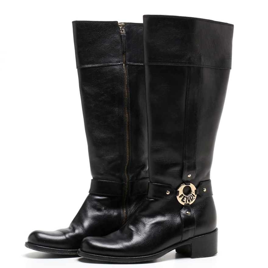 Fendi Black Leather Riding Style Knee-High Boots