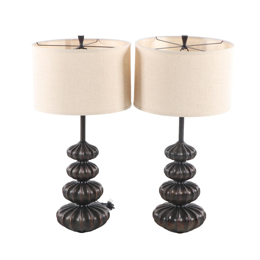 Oiled Bronze Style Stacked Gourd Form Table Lamps with Drum Shades