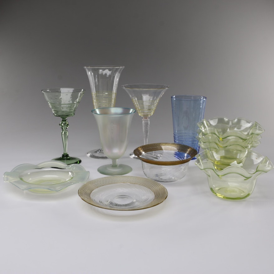 Steuben Art Glass Reeded Stemware and Finger Bowls with Underplates, 1903 - 1933