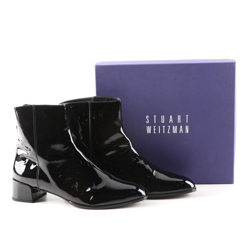 Stuart Weitzman Modesto Black Patent Leather Ankle Boots