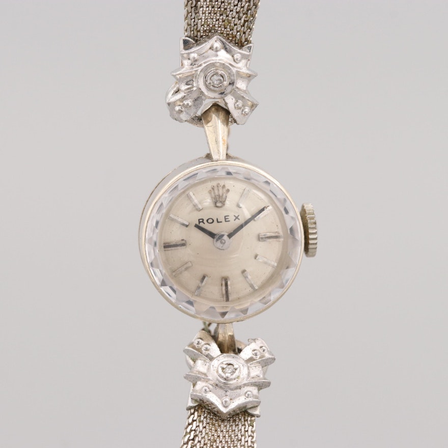 Vintage Rolex 14K White Gold Stem Wind Wristwatch With Diamond Bracelet