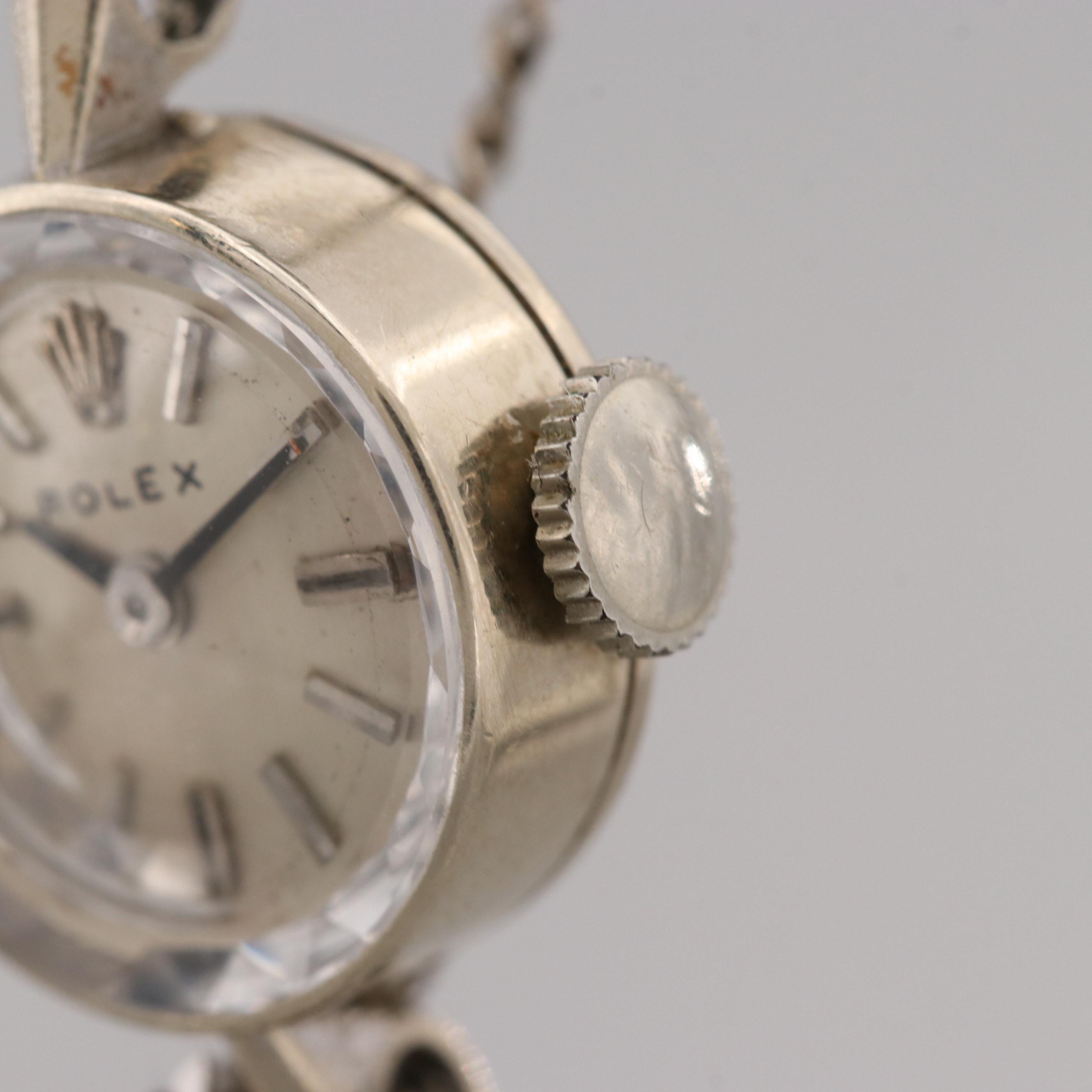 Vintage Rolex 14K White Gold Stem Wind Watch With Diamond Bracelet