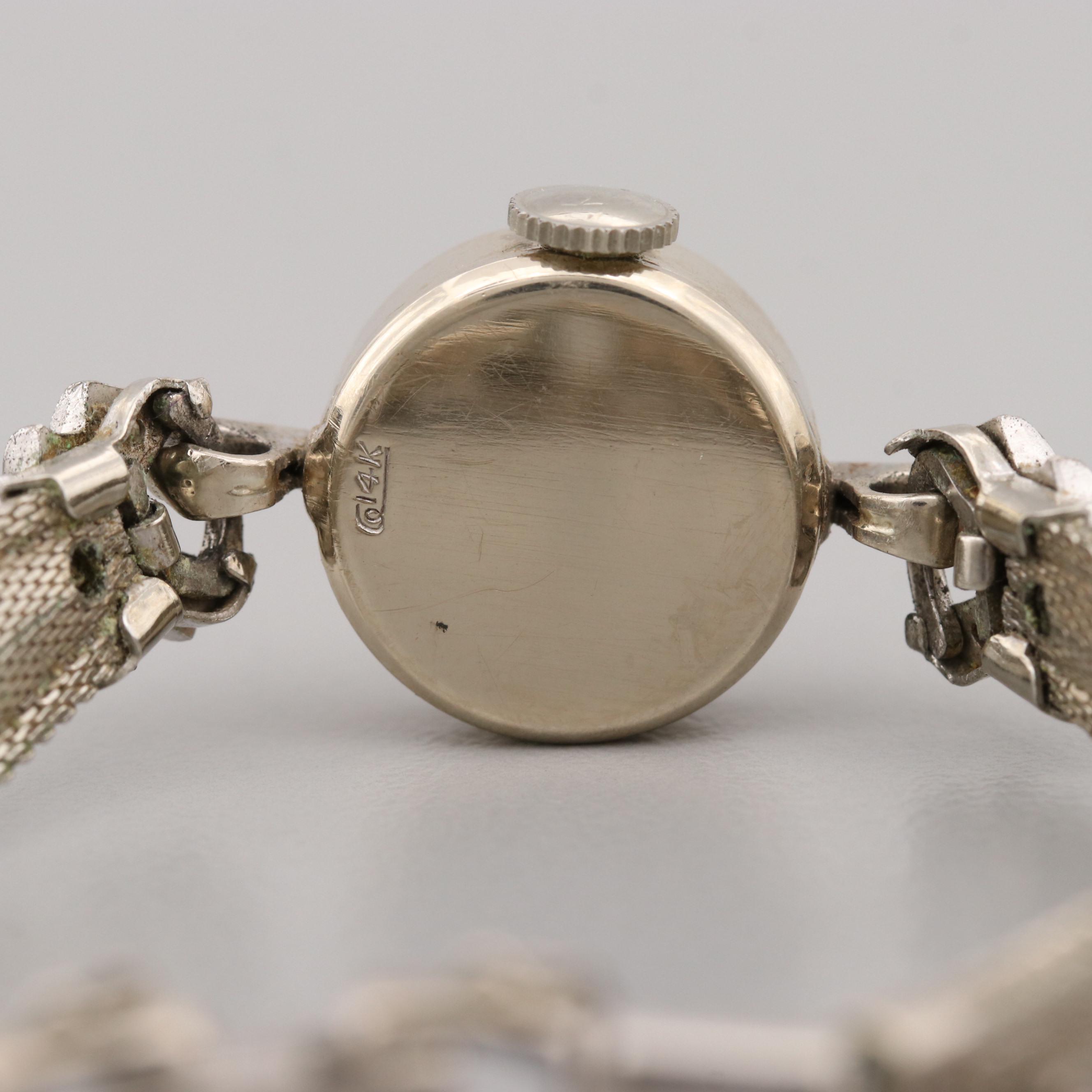 Vintage Rolex 14K White Gold Stem Wind Watch With Diamond Bracelet