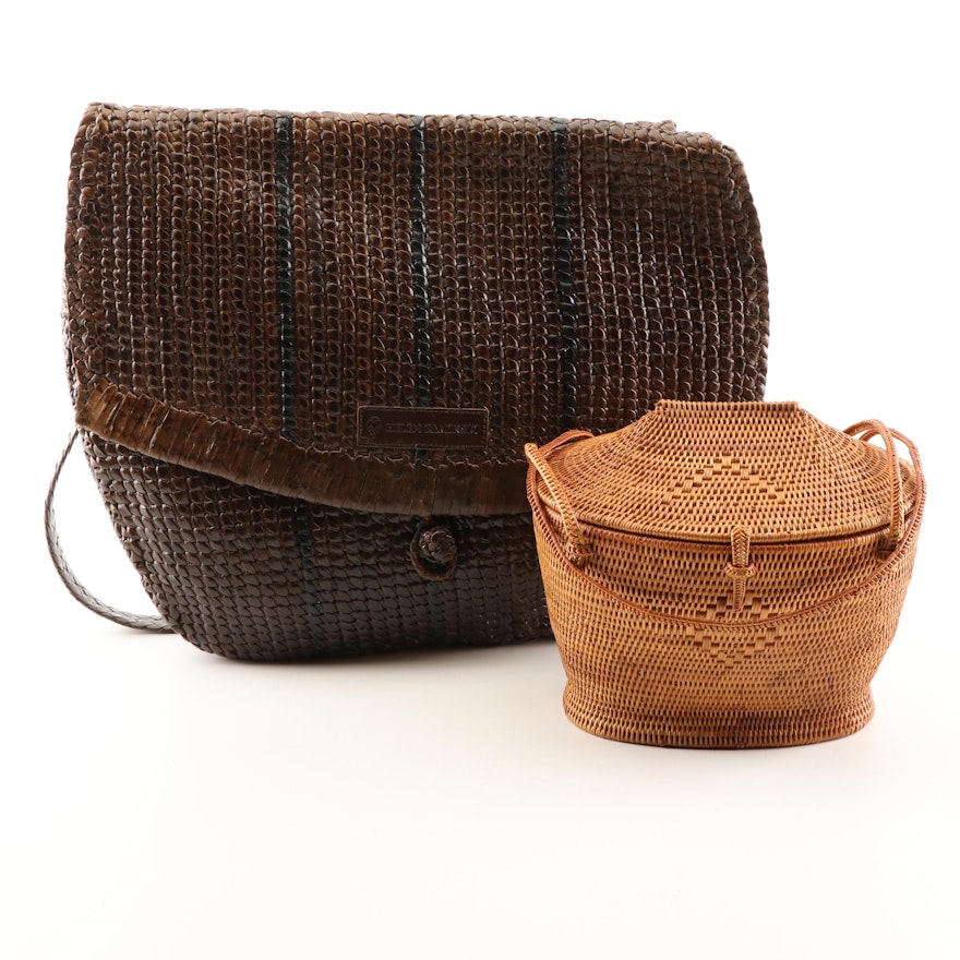 Helen Kaminski Australia Woven Brown Leather Shoulder Bag and a Rattan Box Purse