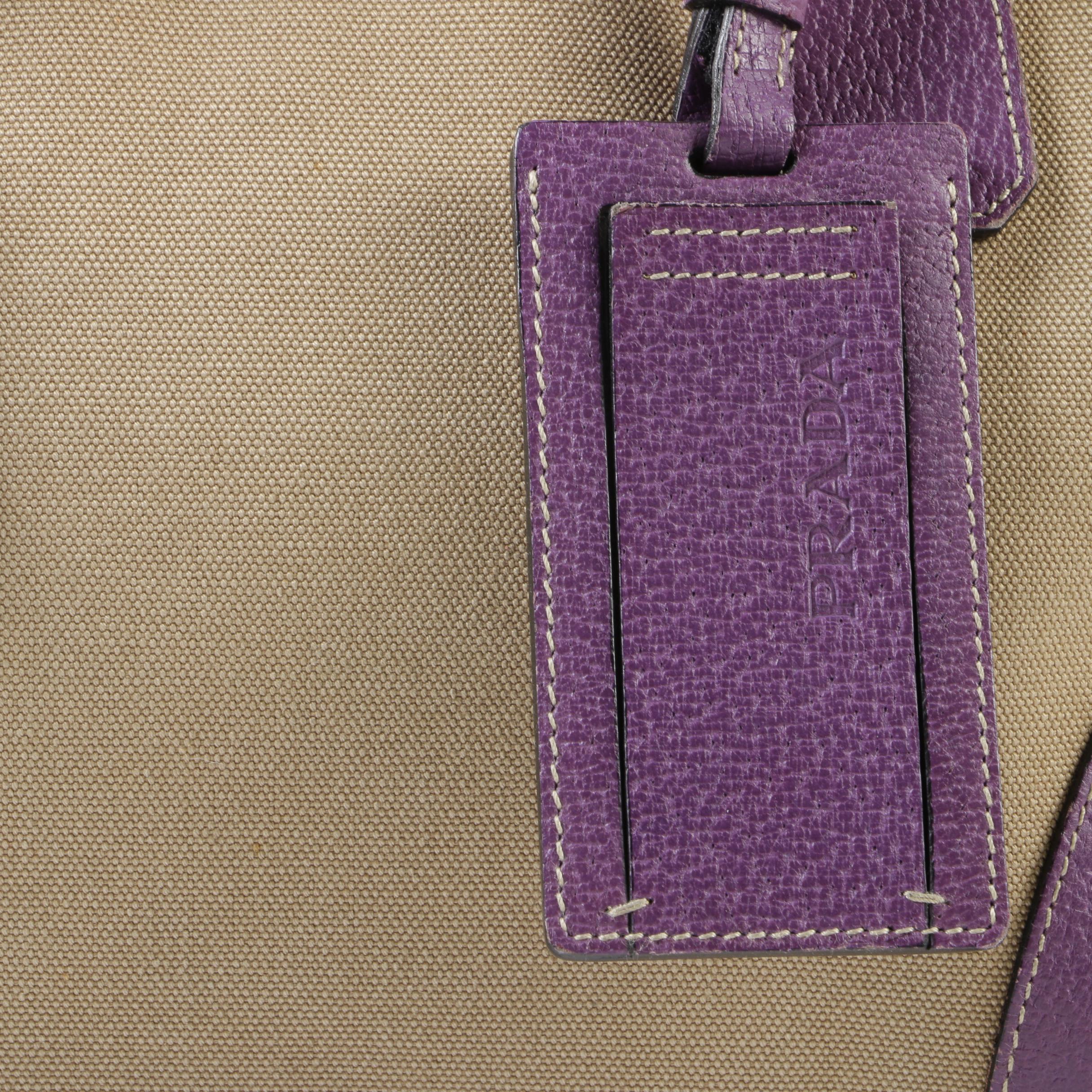 Prada Tan Canvas and Lavender Leather Duffel Handbag