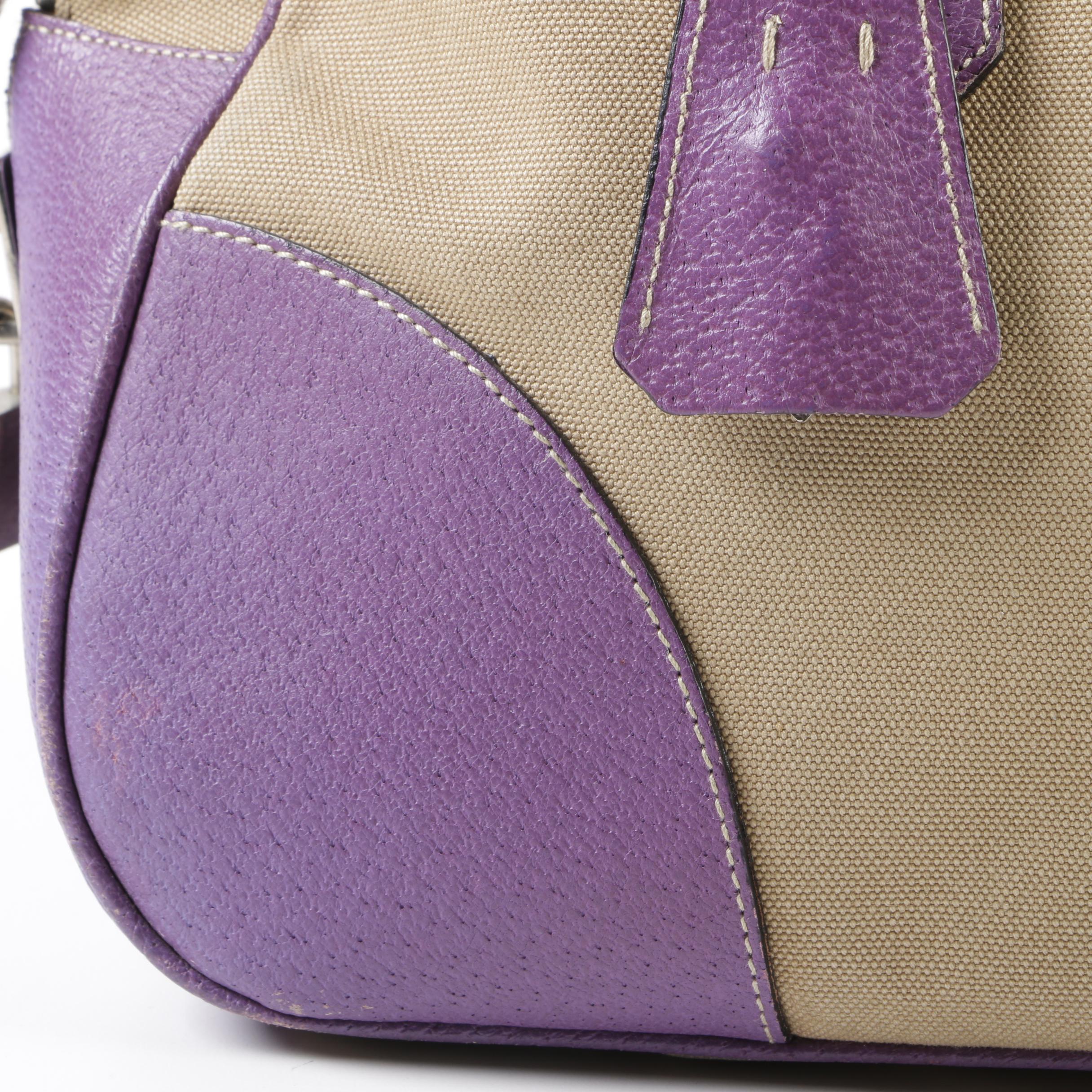 Prada Tan Canvas and Lavender Leather Duffel Handbag