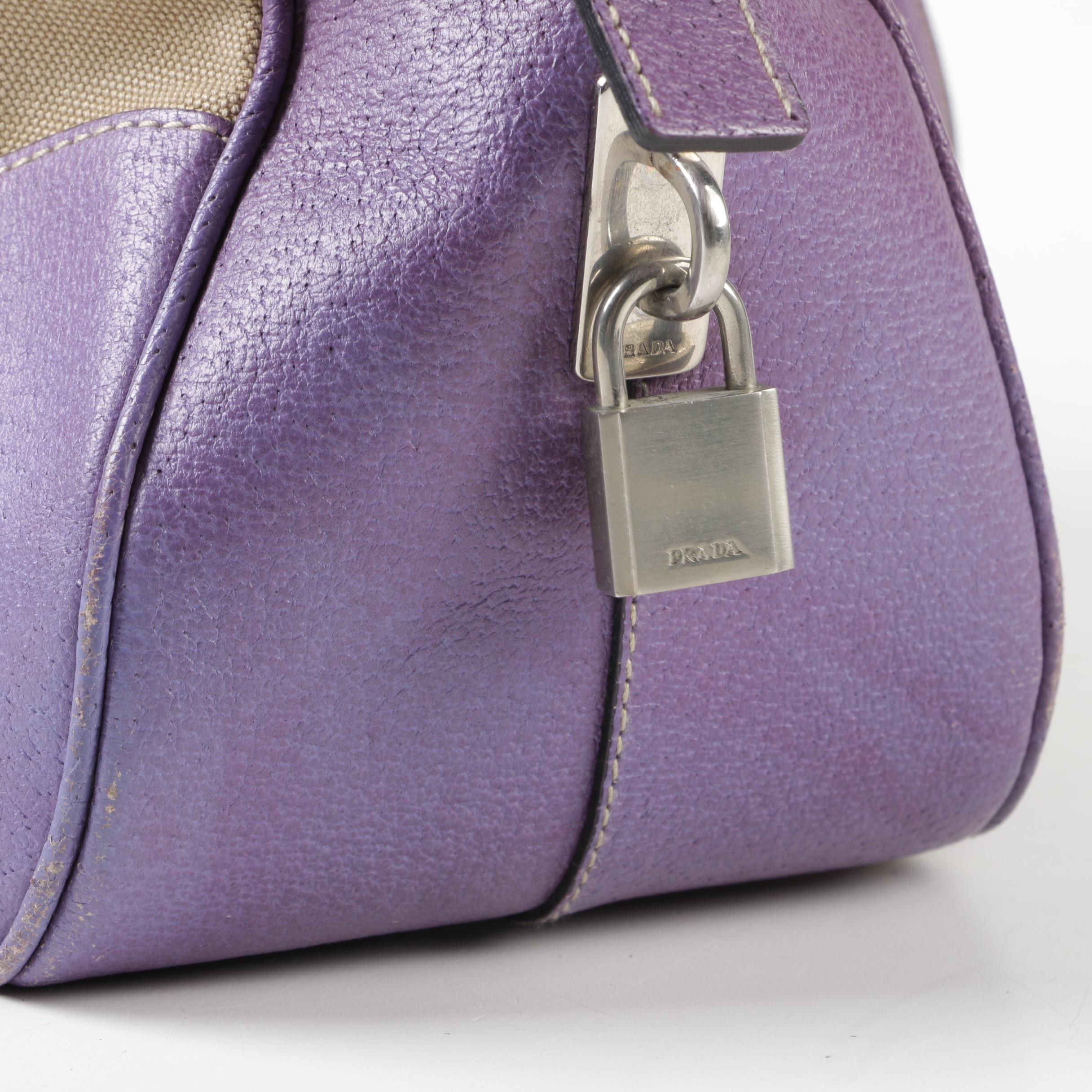Prada Tan Canvas and Lavender Leather Duffel Handbag