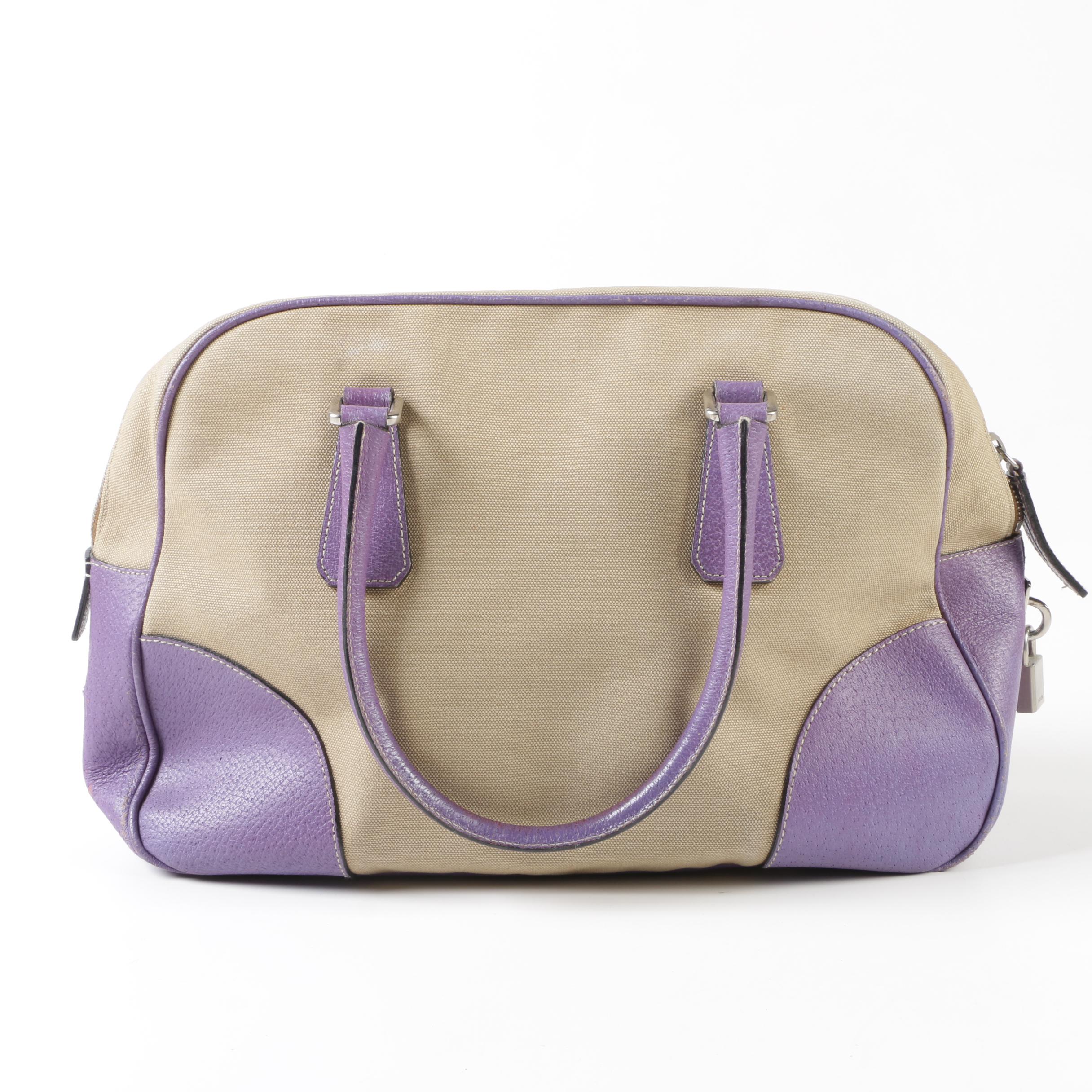 Prada Tan Canvas and Lavender Leather Duffel Handbag
