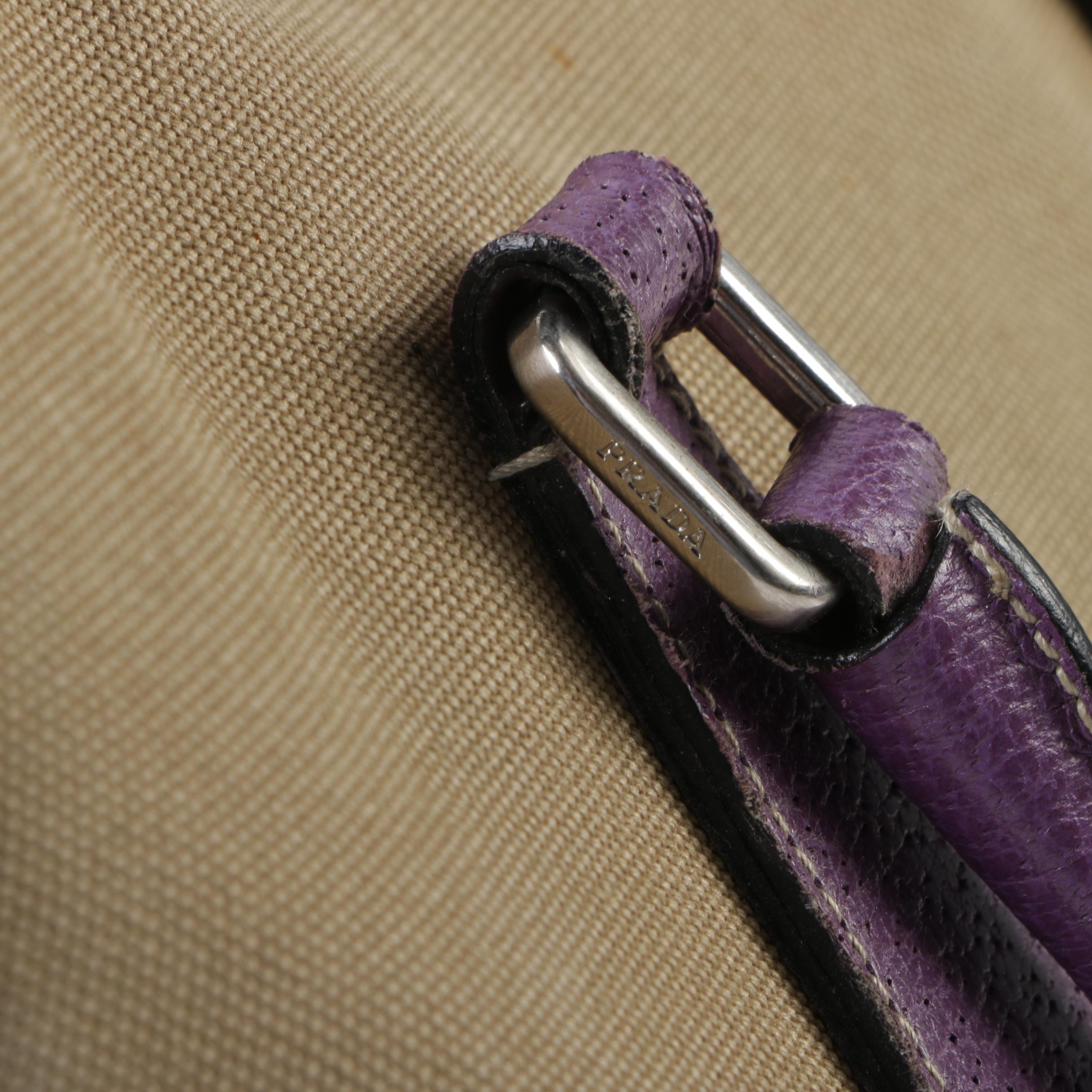Prada Tan Canvas and Lavender Leather Duffel Handbag