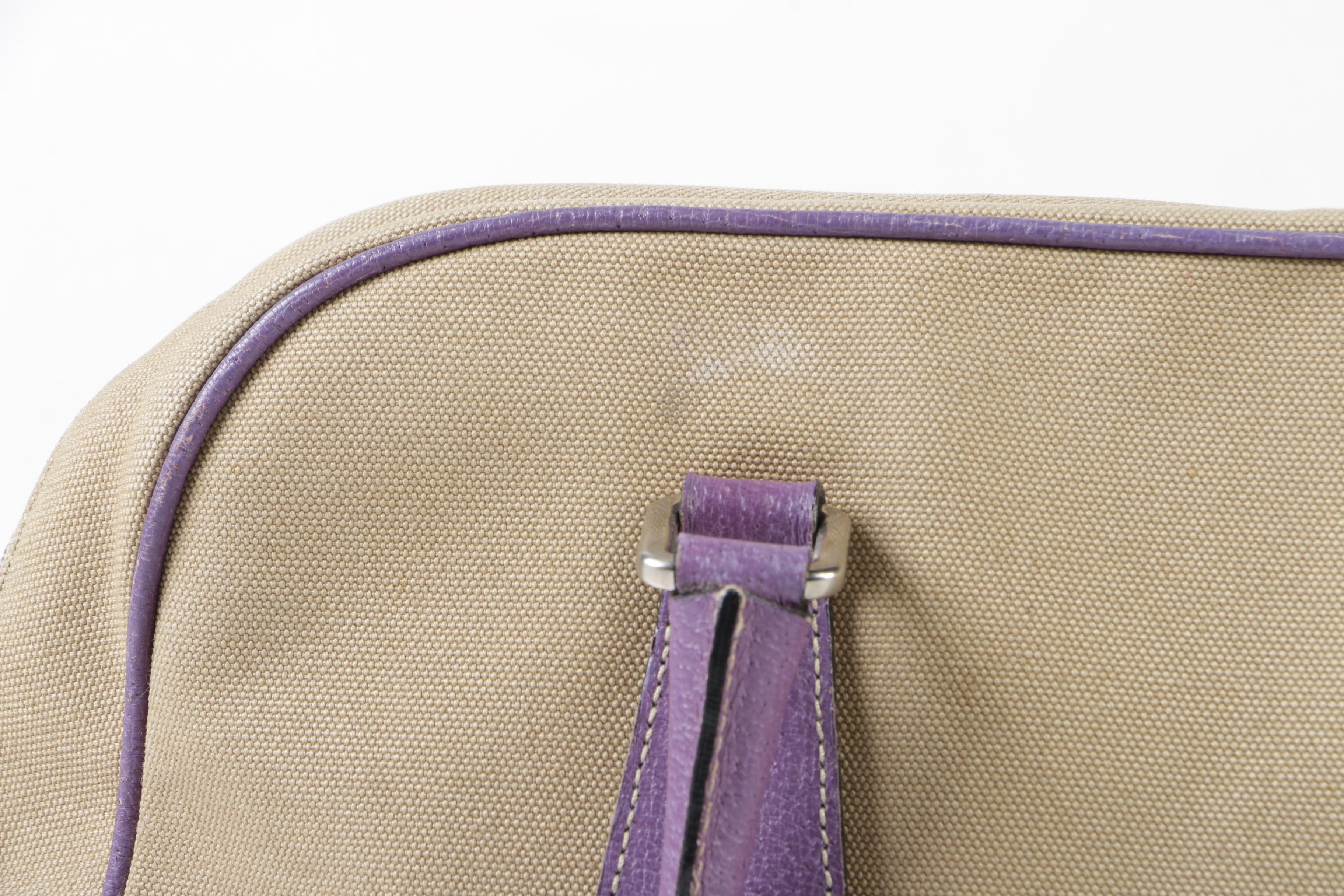 Prada Tan Canvas and Lavender Leather Duffel Handbag
