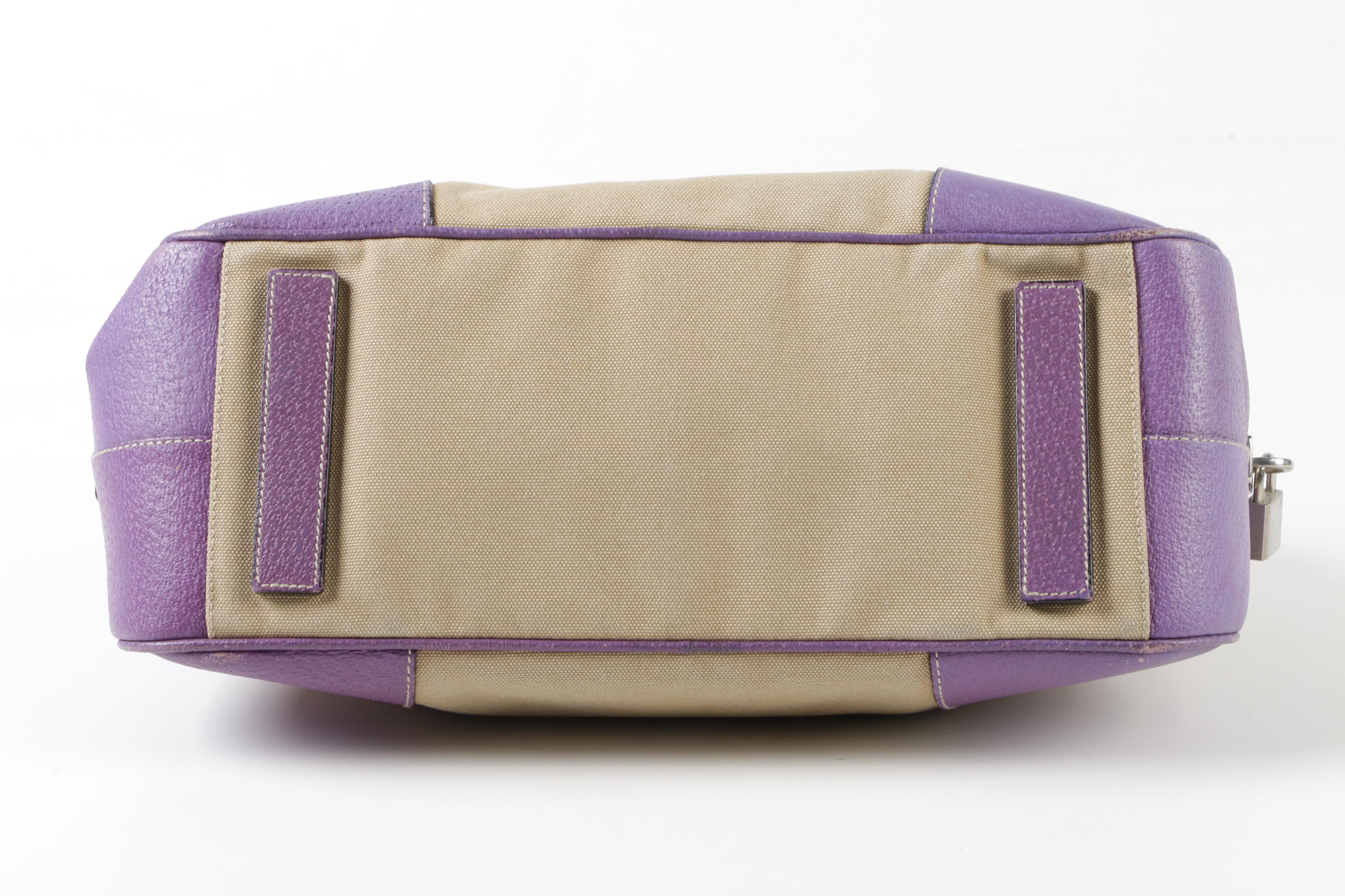 Prada Tan Canvas and Lavender Leather Duffel Handbag