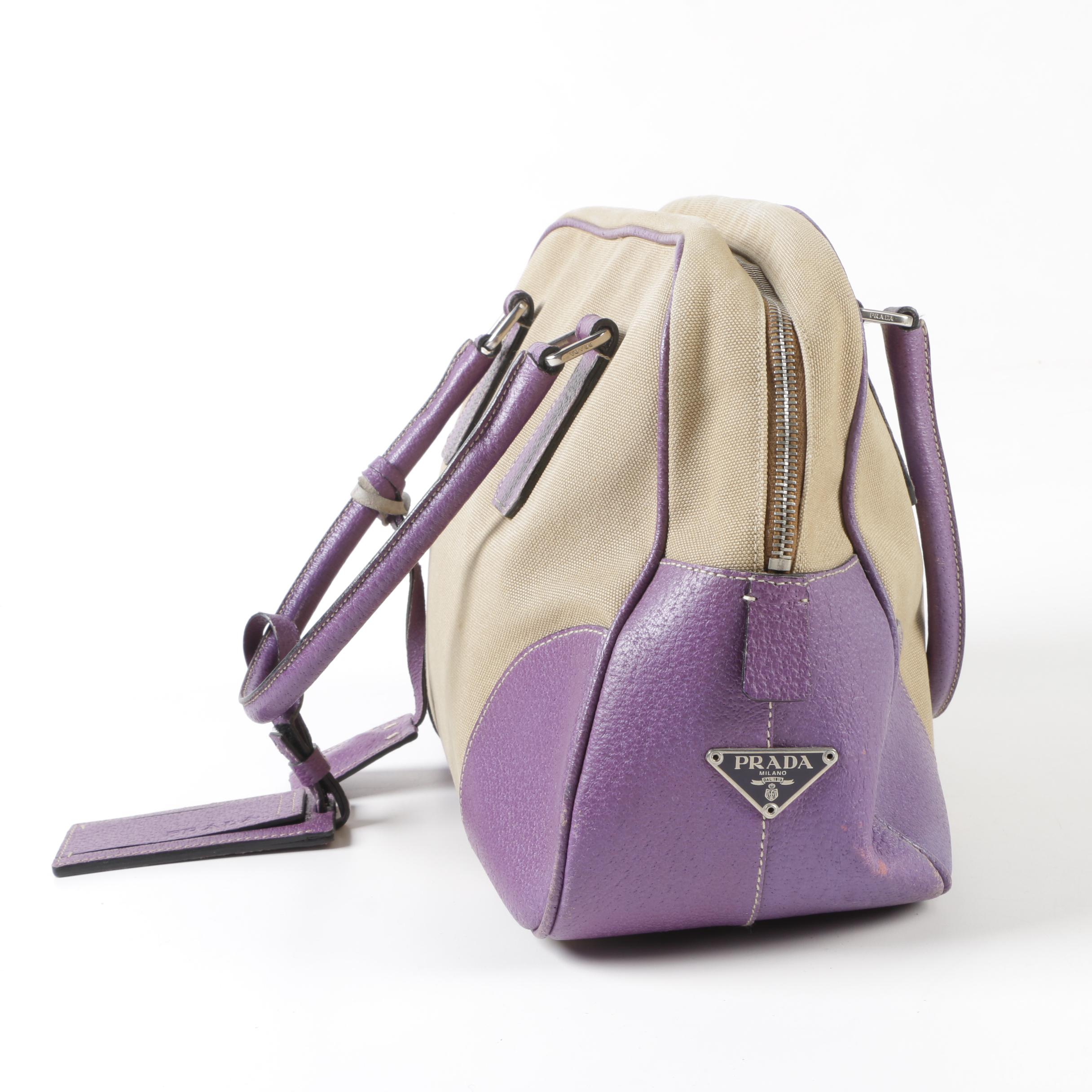 Prada Tan Canvas and Lavender Leather Duffel Handbag