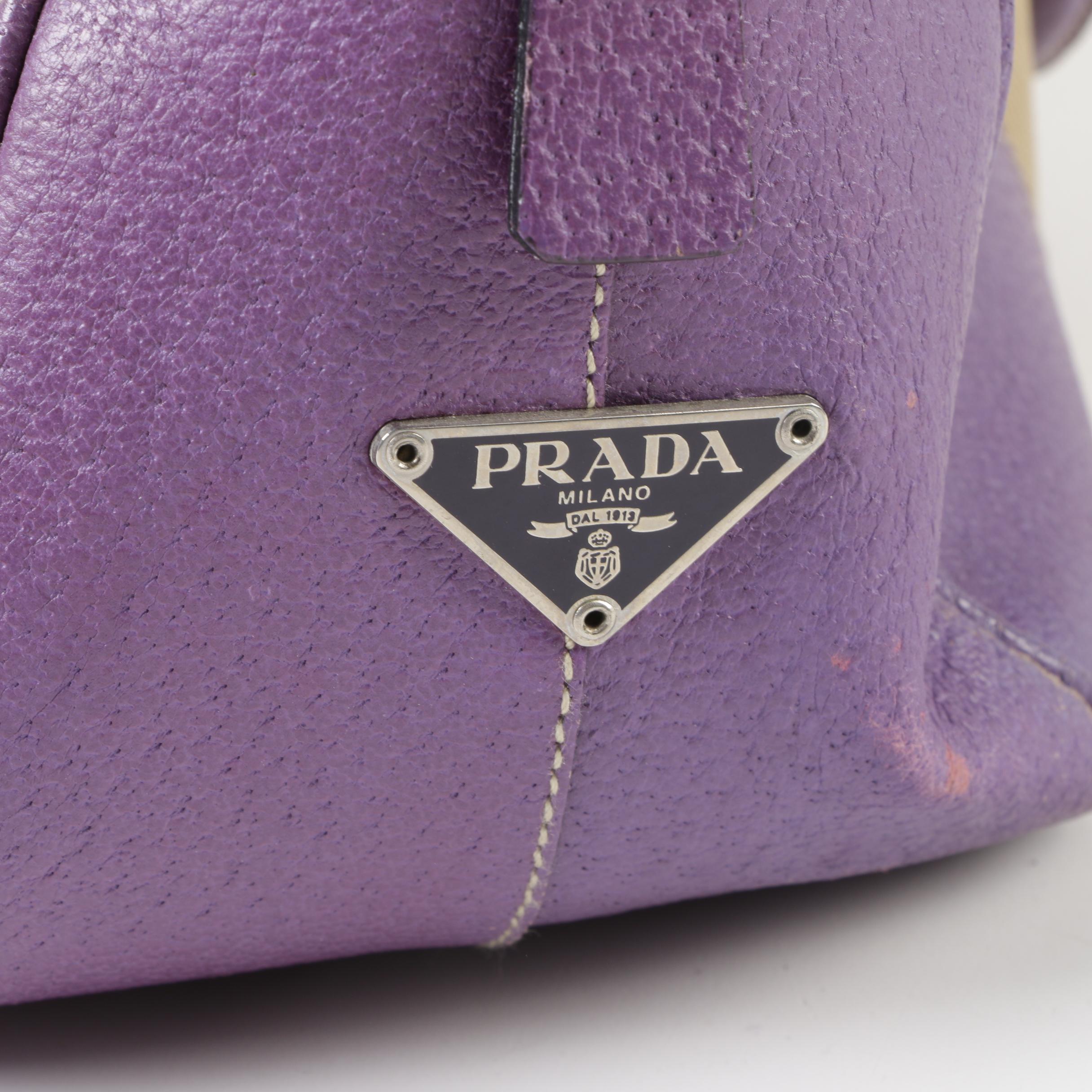 Prada Tan Canvas and Lavender Leather Duffel Handbag