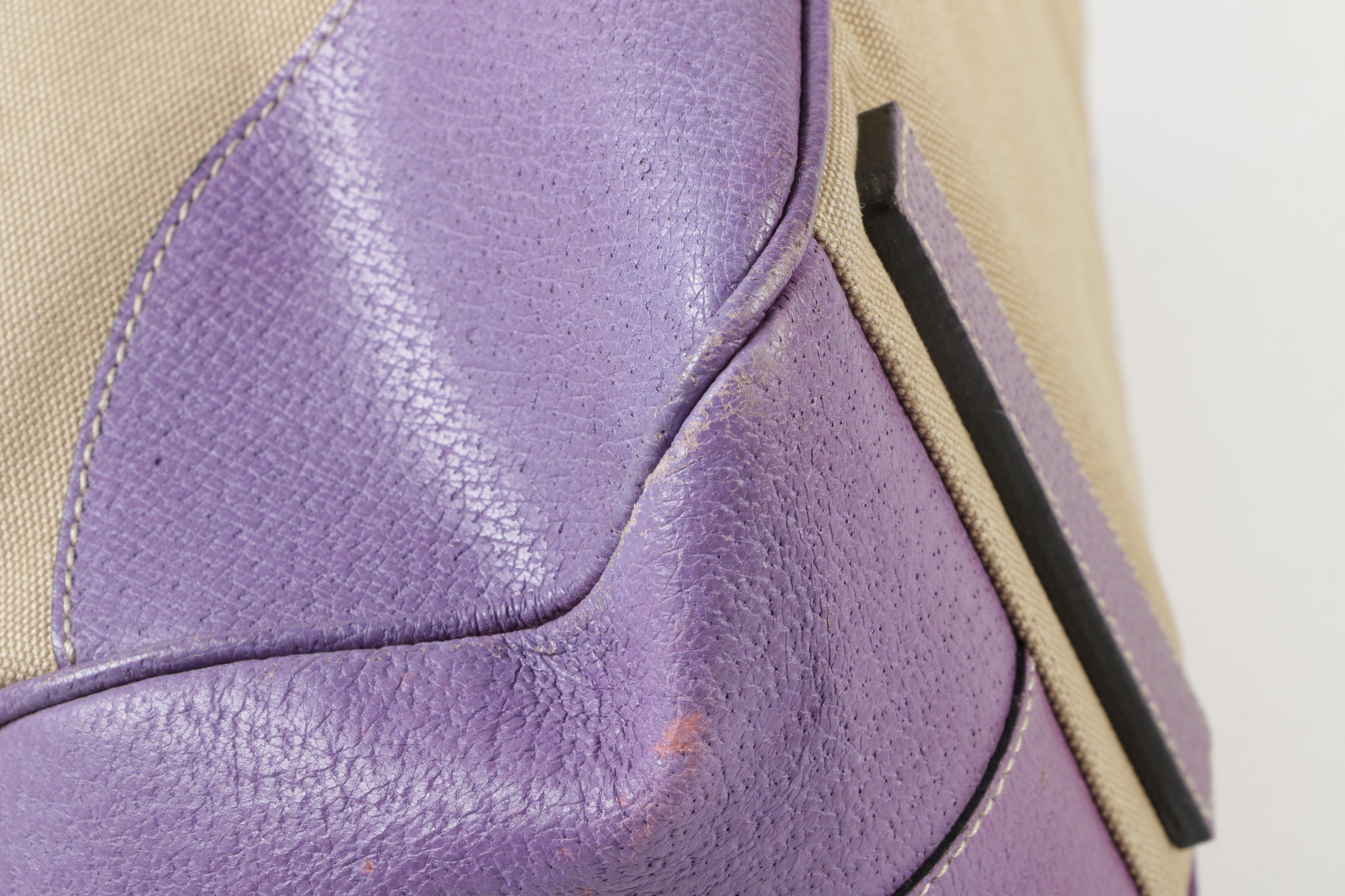 Prada Tan Canvas and Lavender Leather Duffel Handbag