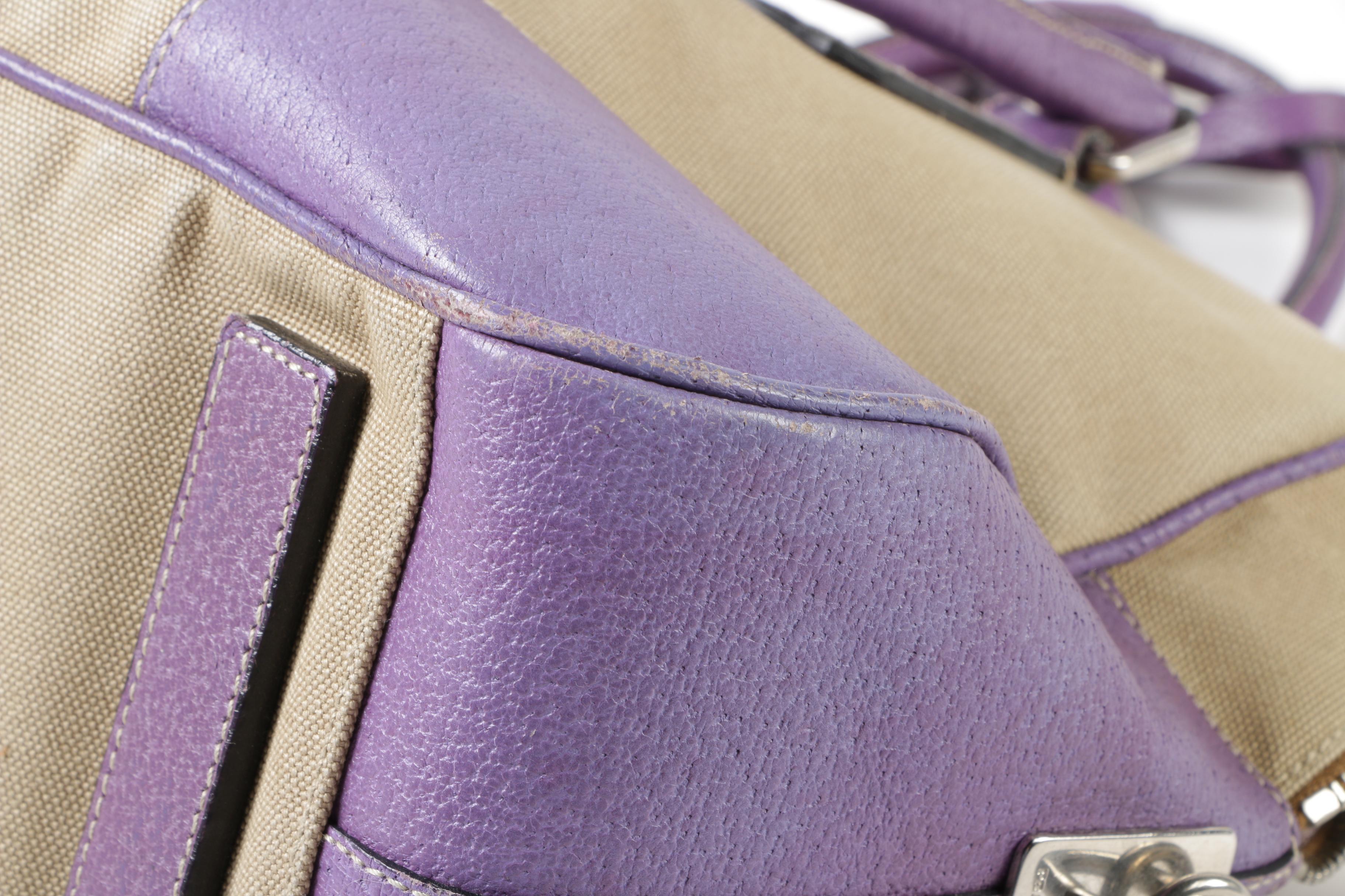 Prada Tan Canvas and Lavender Leather Duffel Handbag