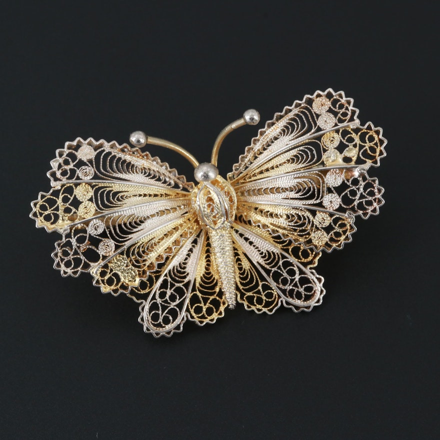 Sterling Silver Filigree Butterfly Brooch with Gold Wash Accents
