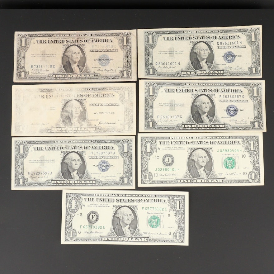 Group of Seven Error $1 Federal Reserve Notes and Silver Certificates
