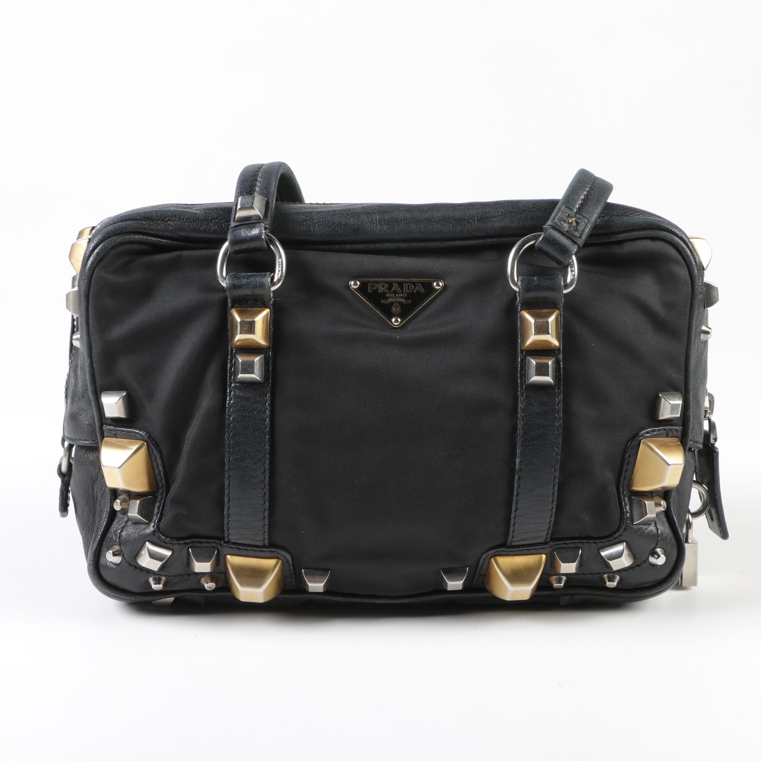 Prada Black Nylon and Leather Pyramid Studded Shoulder Bag with Tassels
