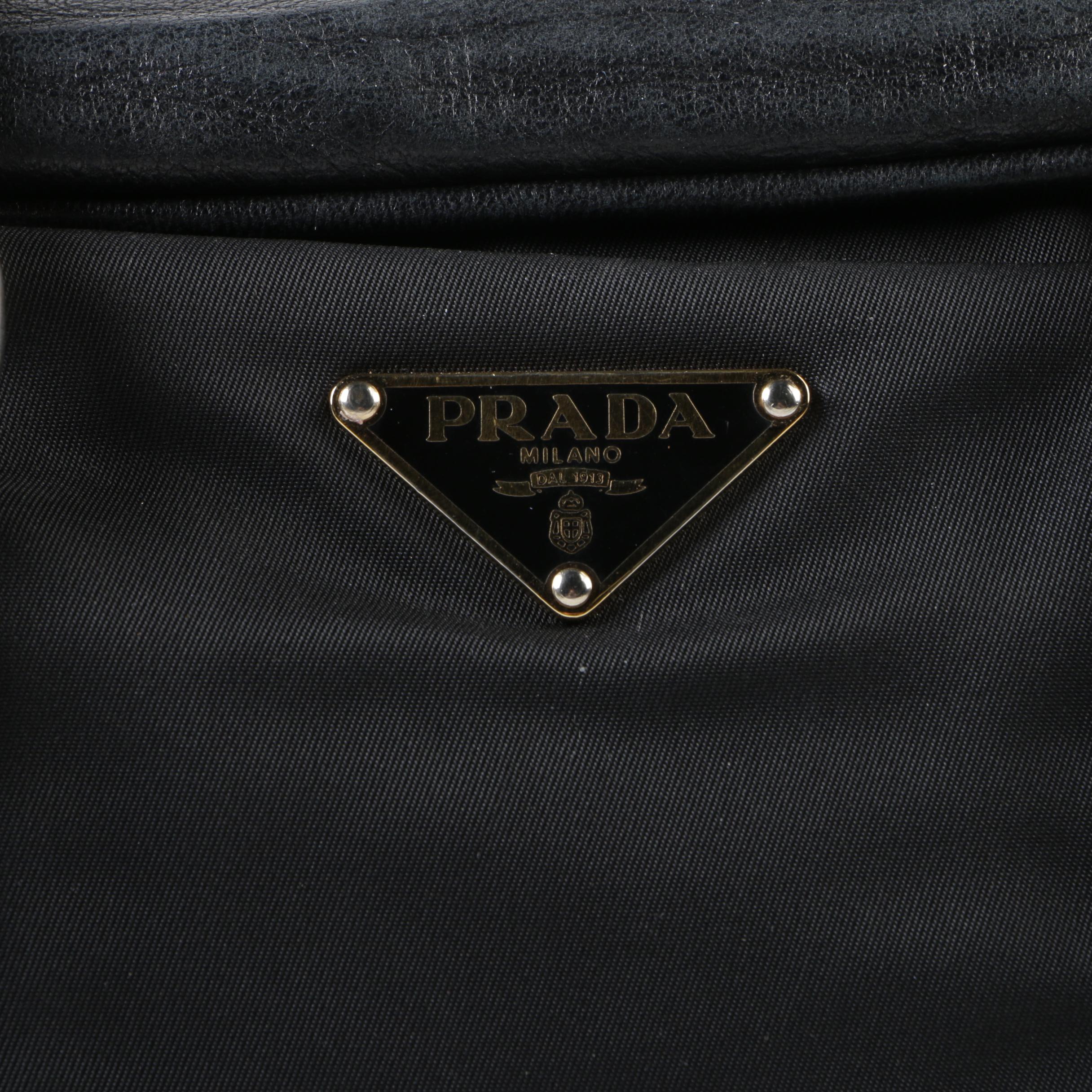 Prada Black Nylon and Leather Pyramid Studded Shoulder Bag with Tassels