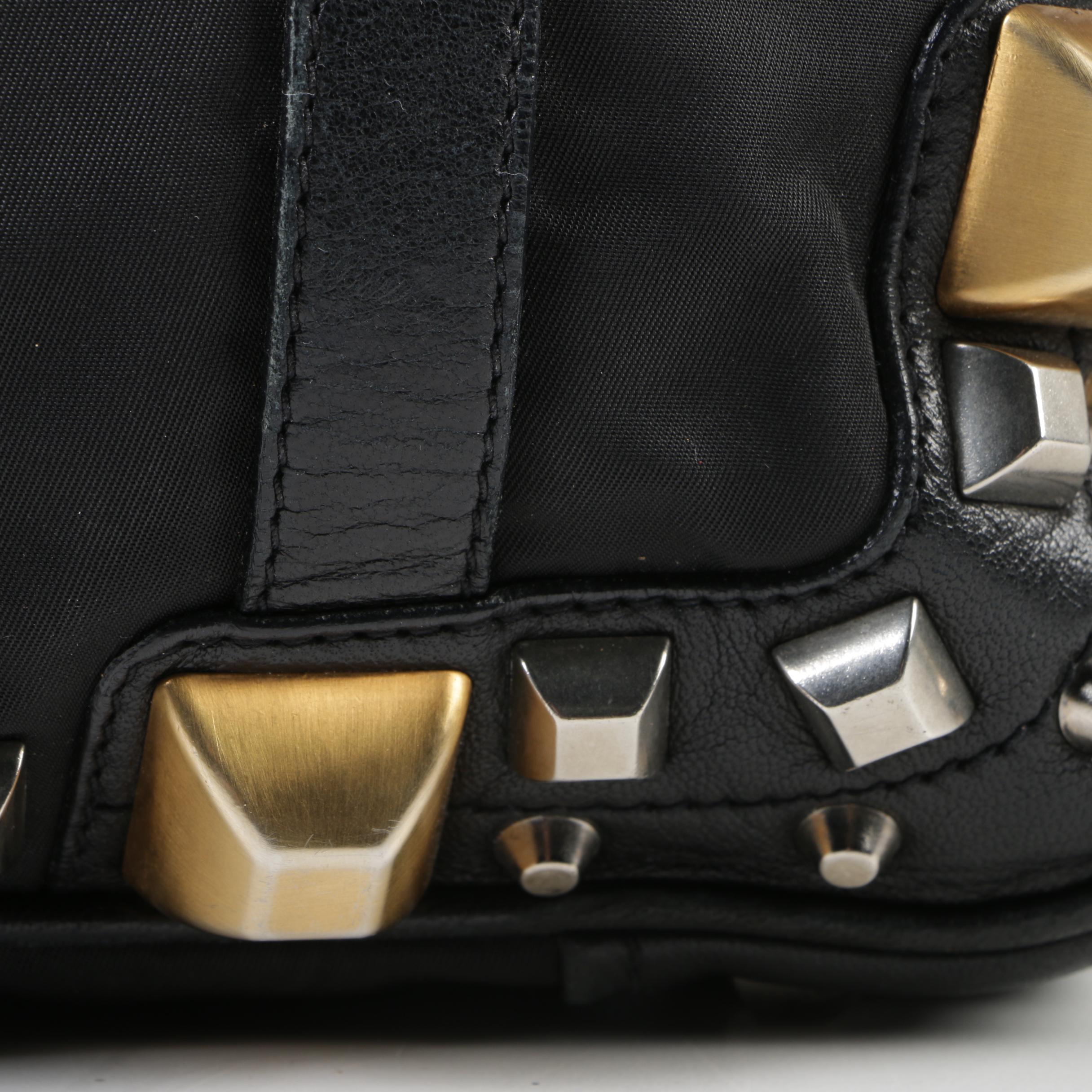 Prada Black Nylon and Leather Pyramid Studded Shoulder Bag with Tassels