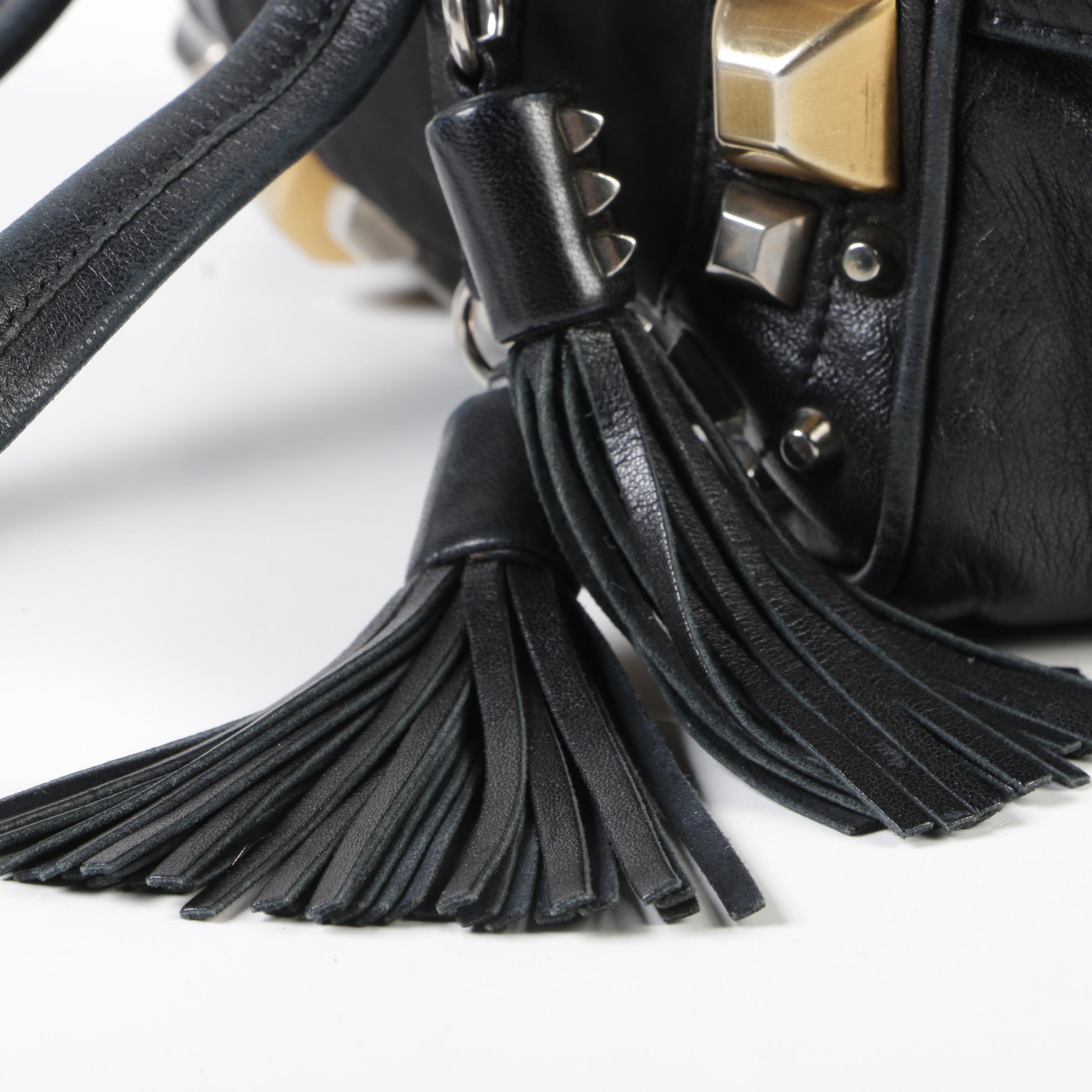Prada Black Nylon and Leather Pyramid Studded Shoulder Bag with Tassels