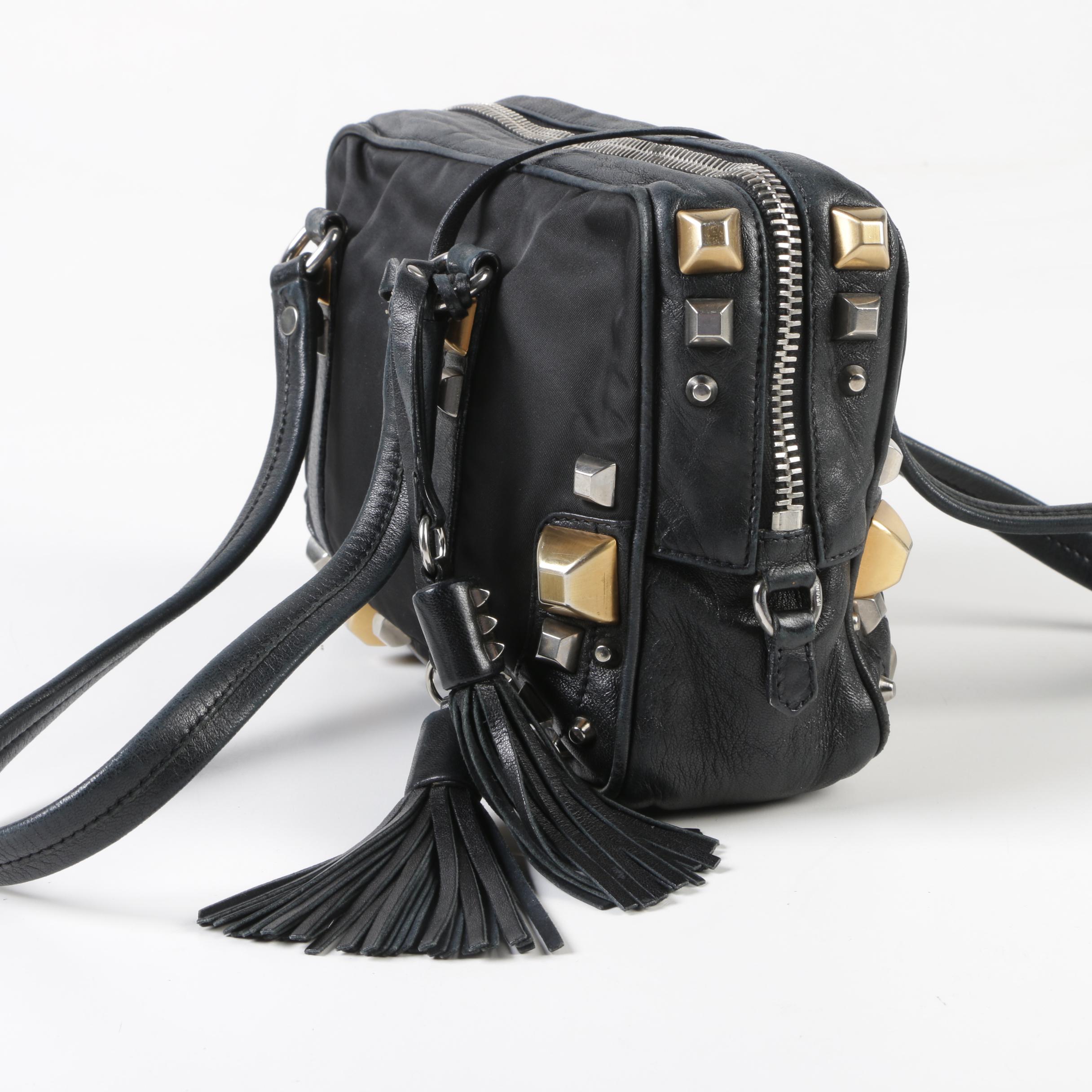 Prada Black Nylon and Leather Pyramid Studded Shoulder Bag with Tassels