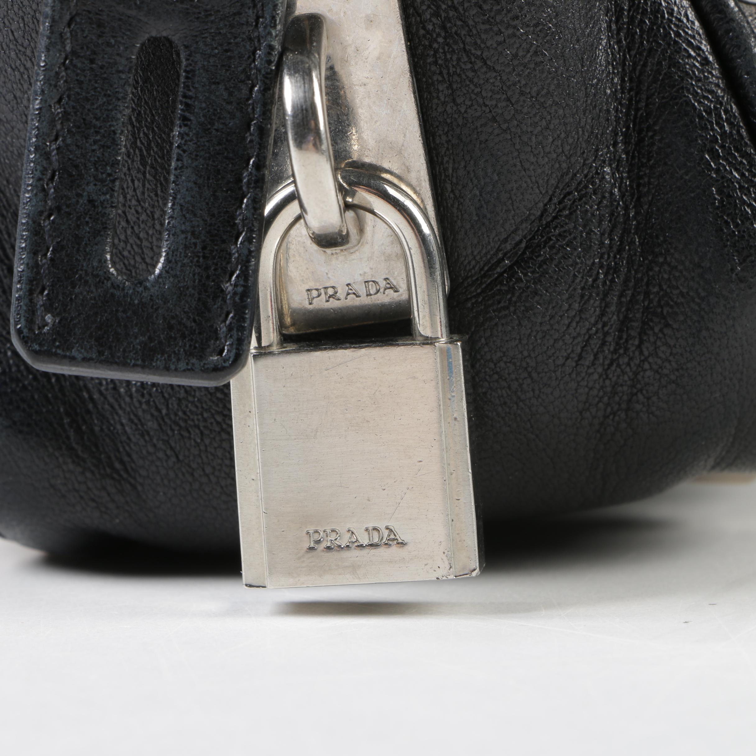 Prada Black Nylon and Leather Pyramid Studded Shoulder Bag with Tassels