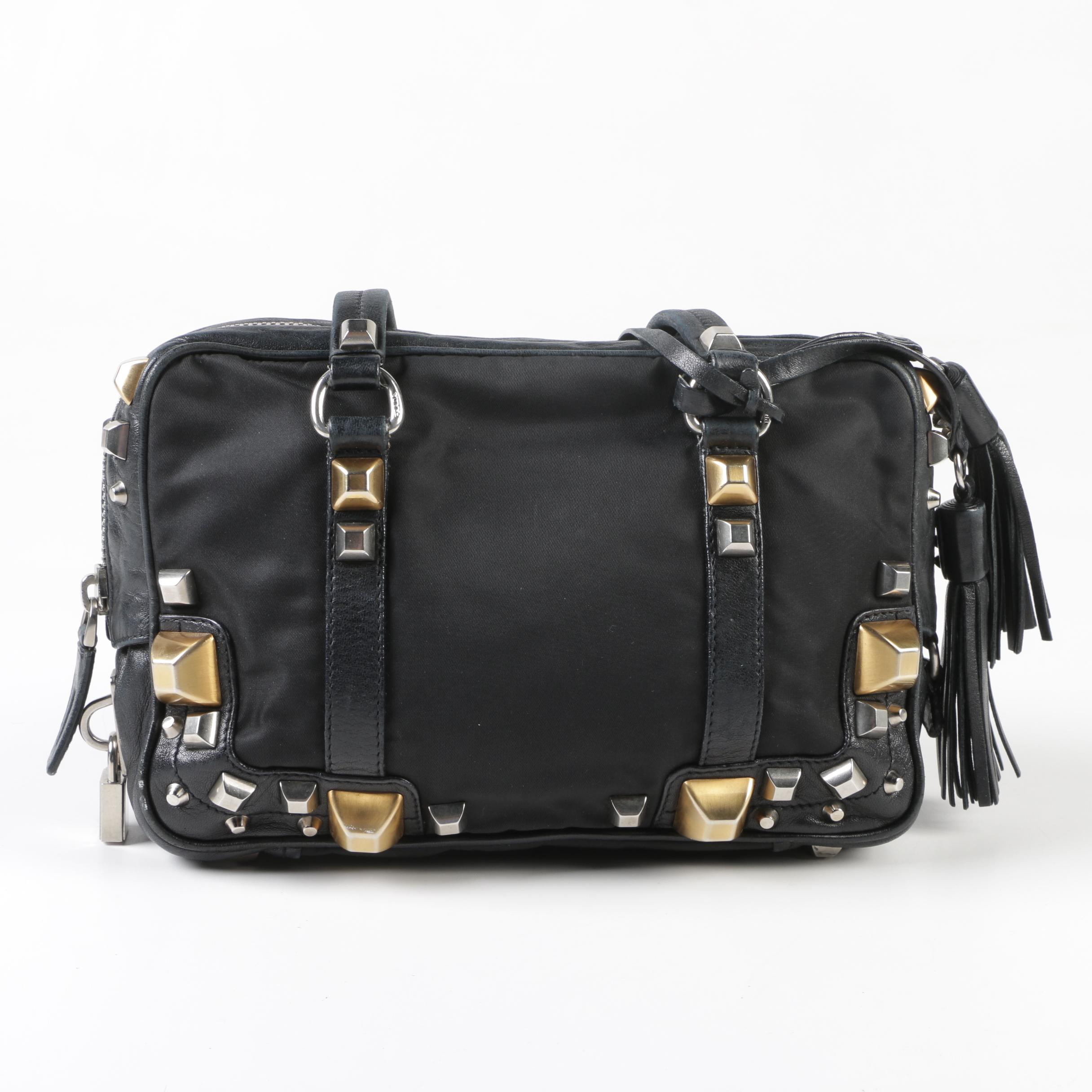 Prada Black Nylon and Leather Pyramid Studded Shoulder Bag with Tassels