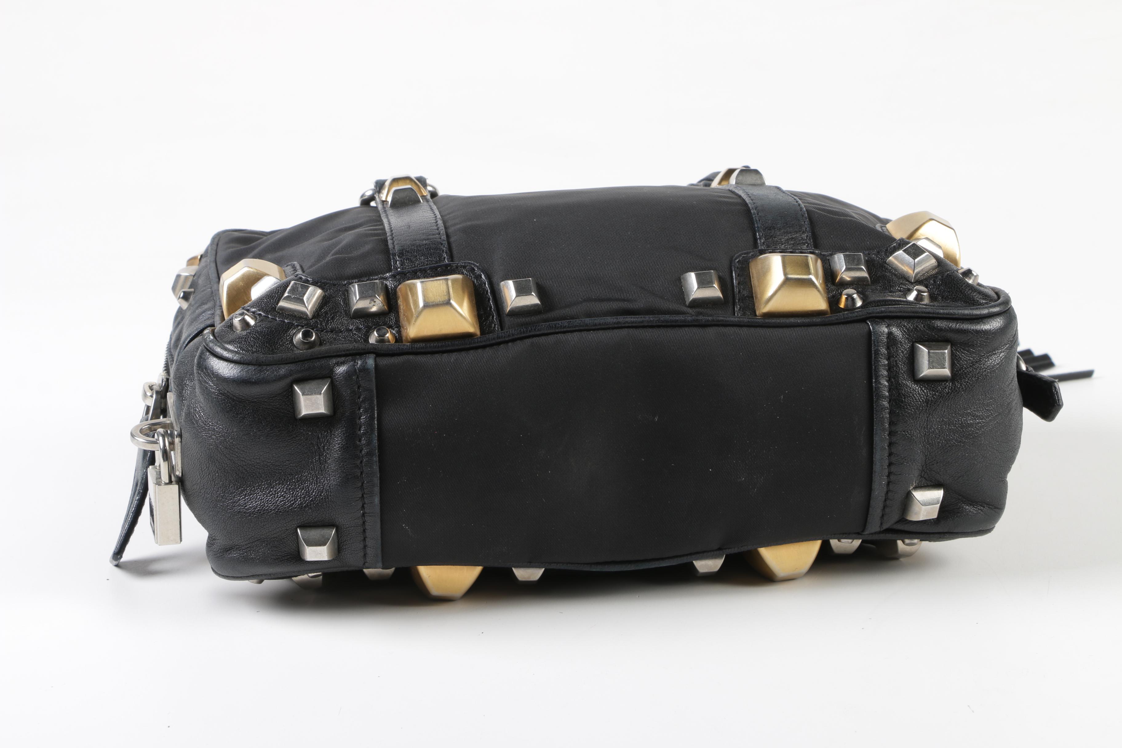 Prada Black Nylon and Leather Pyramid Studded Shoulder Bag with Tassels