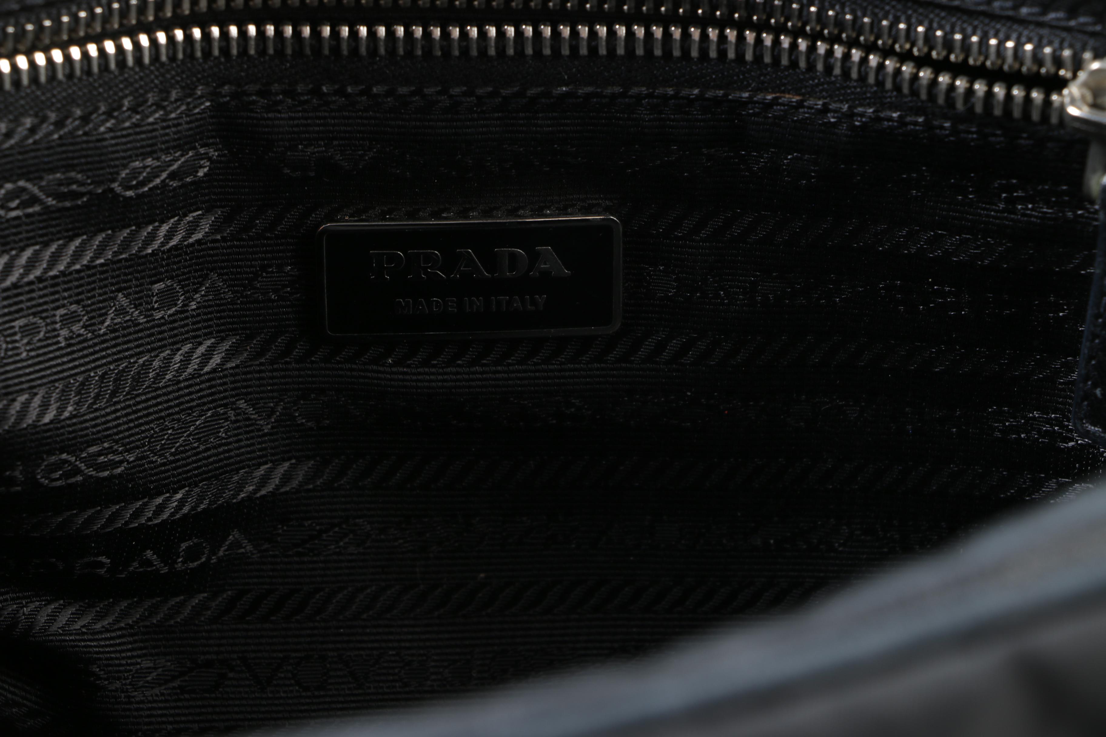 Prada Black Nylon and Leather Pyramid Studded Shoulder Bag with Tassels