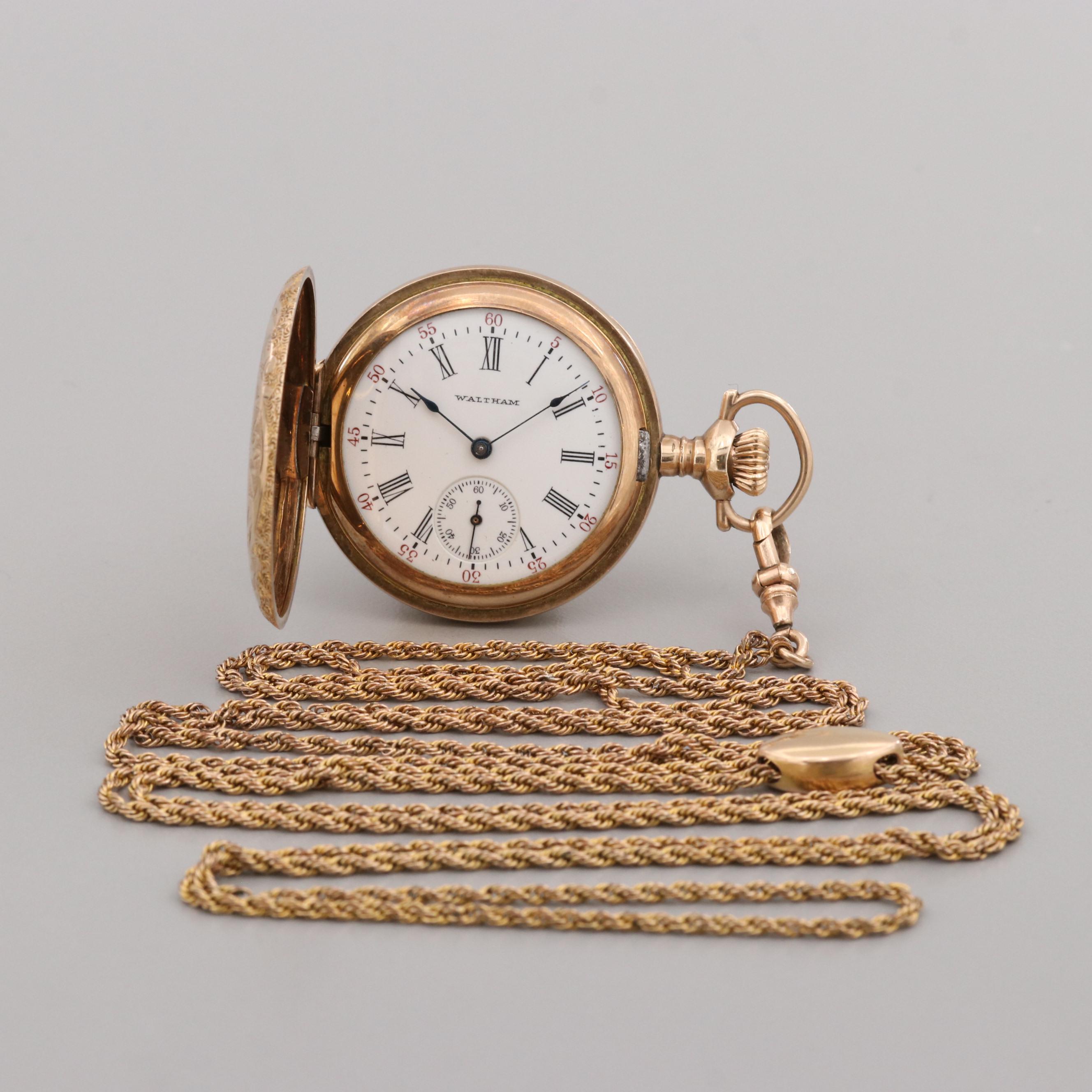 Antique Waltham Gold Filled Hunter Case Pocket Watch With Chain, 1908