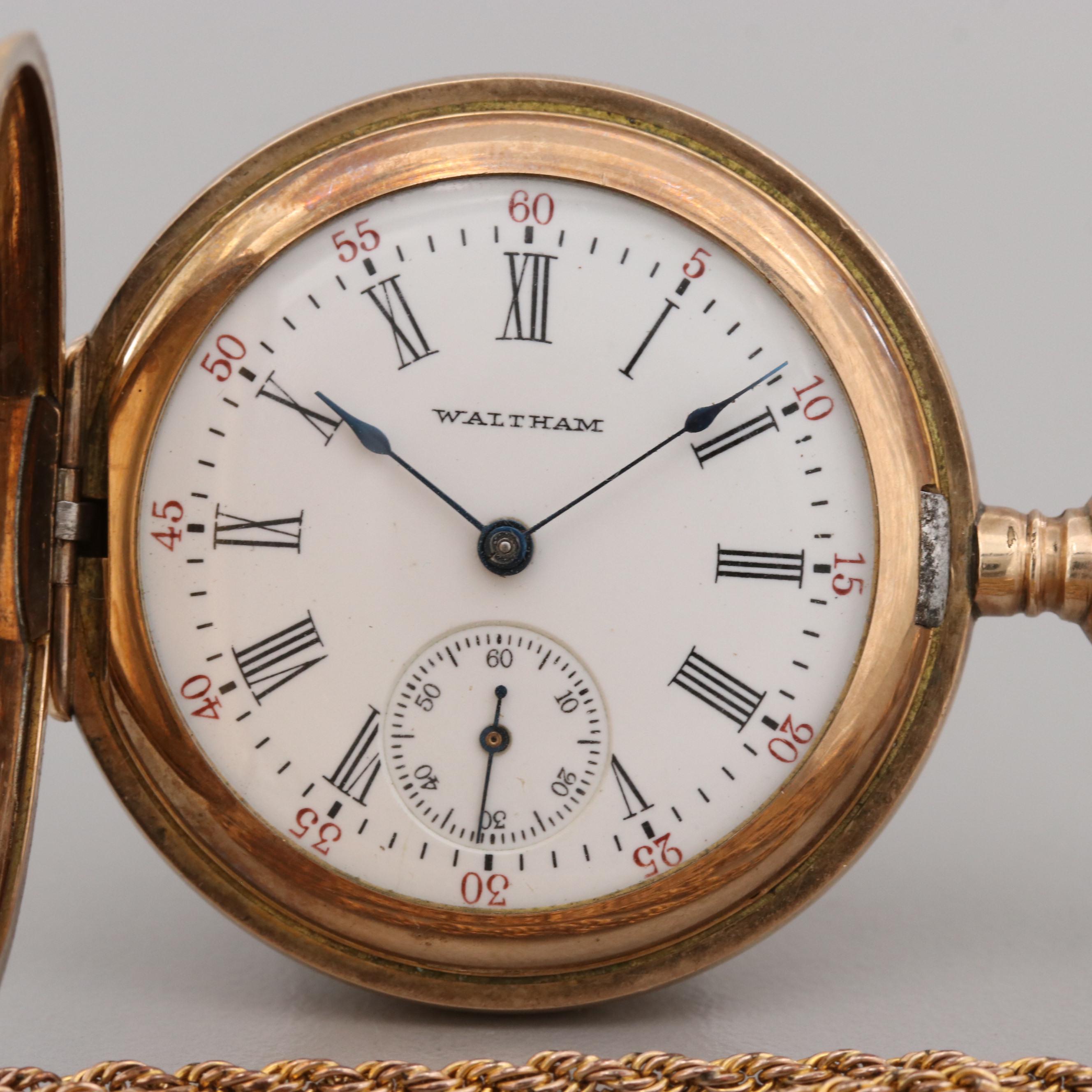 Antique Waltham Gold Filled Hunter Case Pocket Watch With Chain, 1908