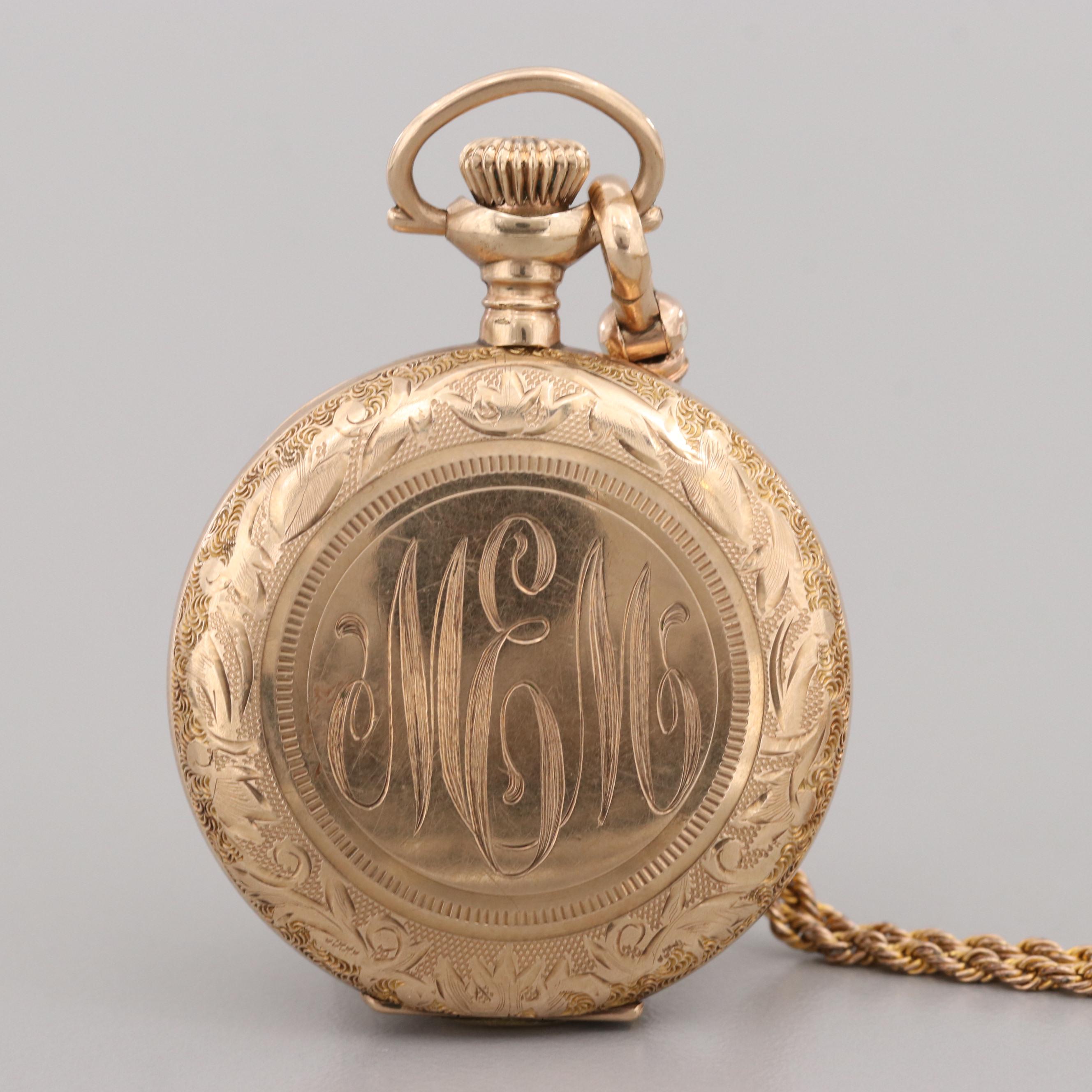 Antique Waltham Gold Filled Hunter Case Pocket Watch With Chain, 1908