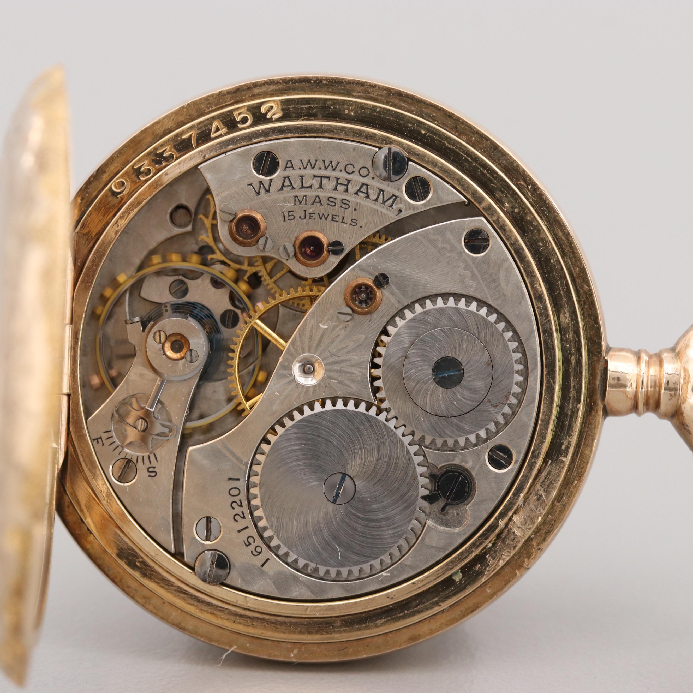 Antique Waltham Gold Filled Hunter Case Pocket Watch With Chain, 1908