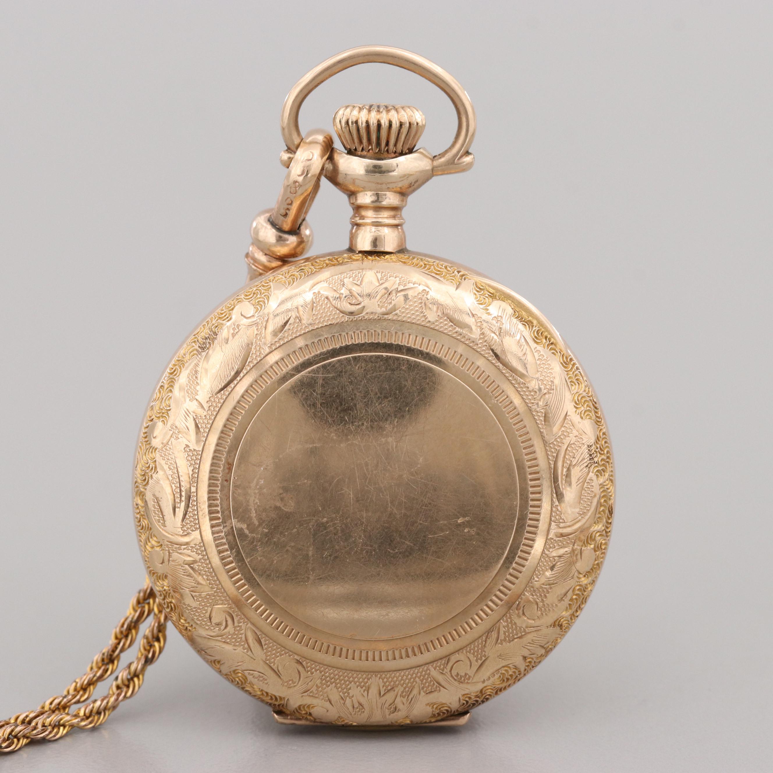 Antique Waltham Gold Filled Hunter Case Pocket Watch With Chain, 1908