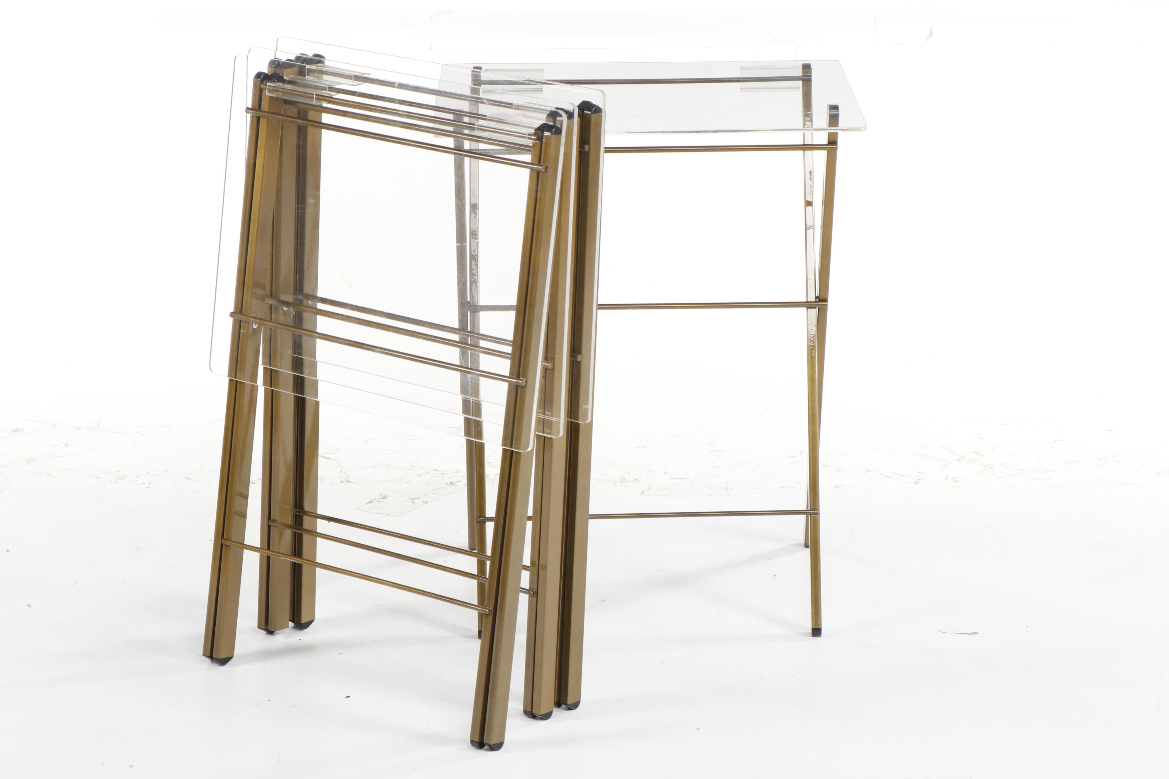 Contemporary Clear Acrylic Top Folding Tables with Brass Tone Metal Bases