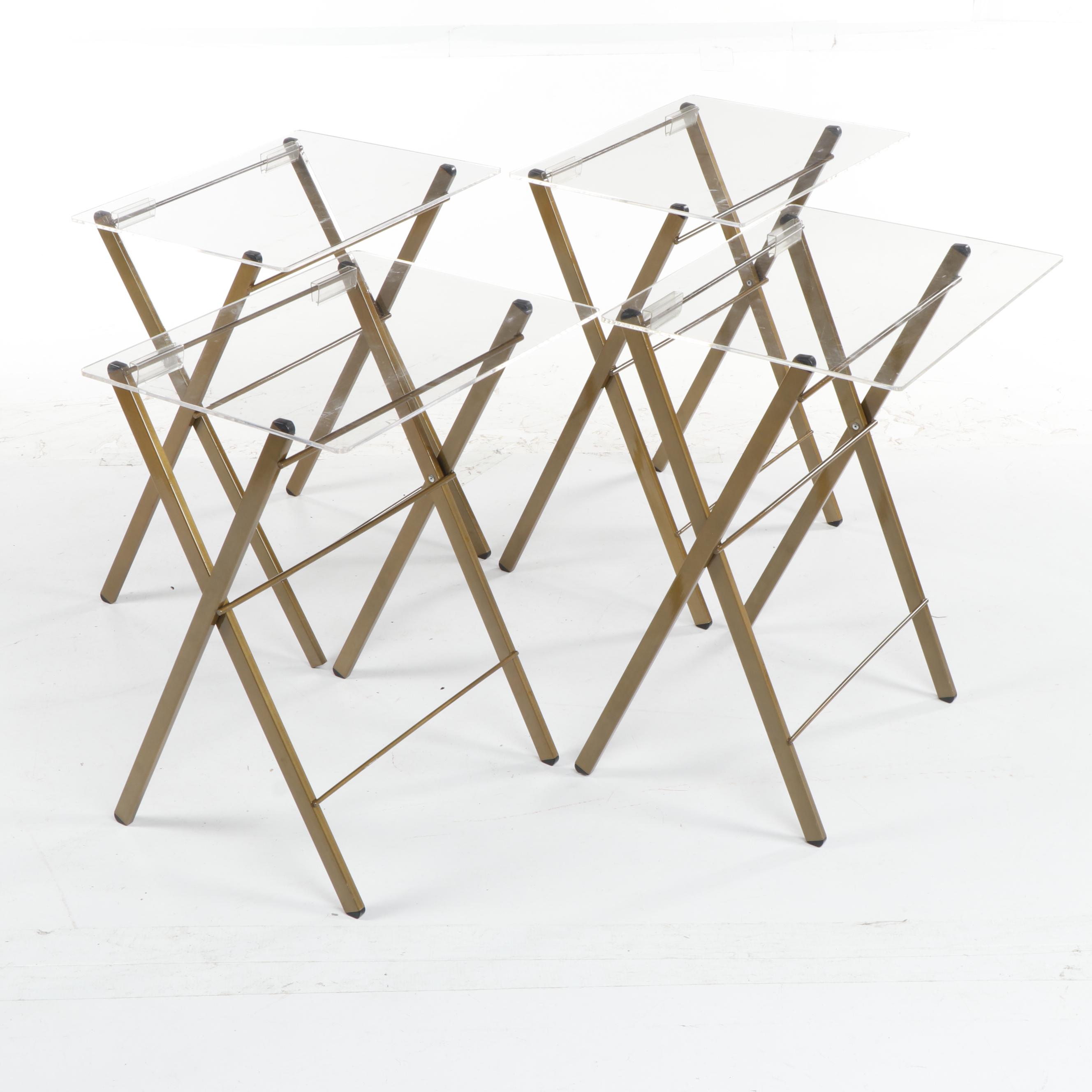 Contemporary Clear Acrylic Top Folding Tables with Brass Tone Metal Bases