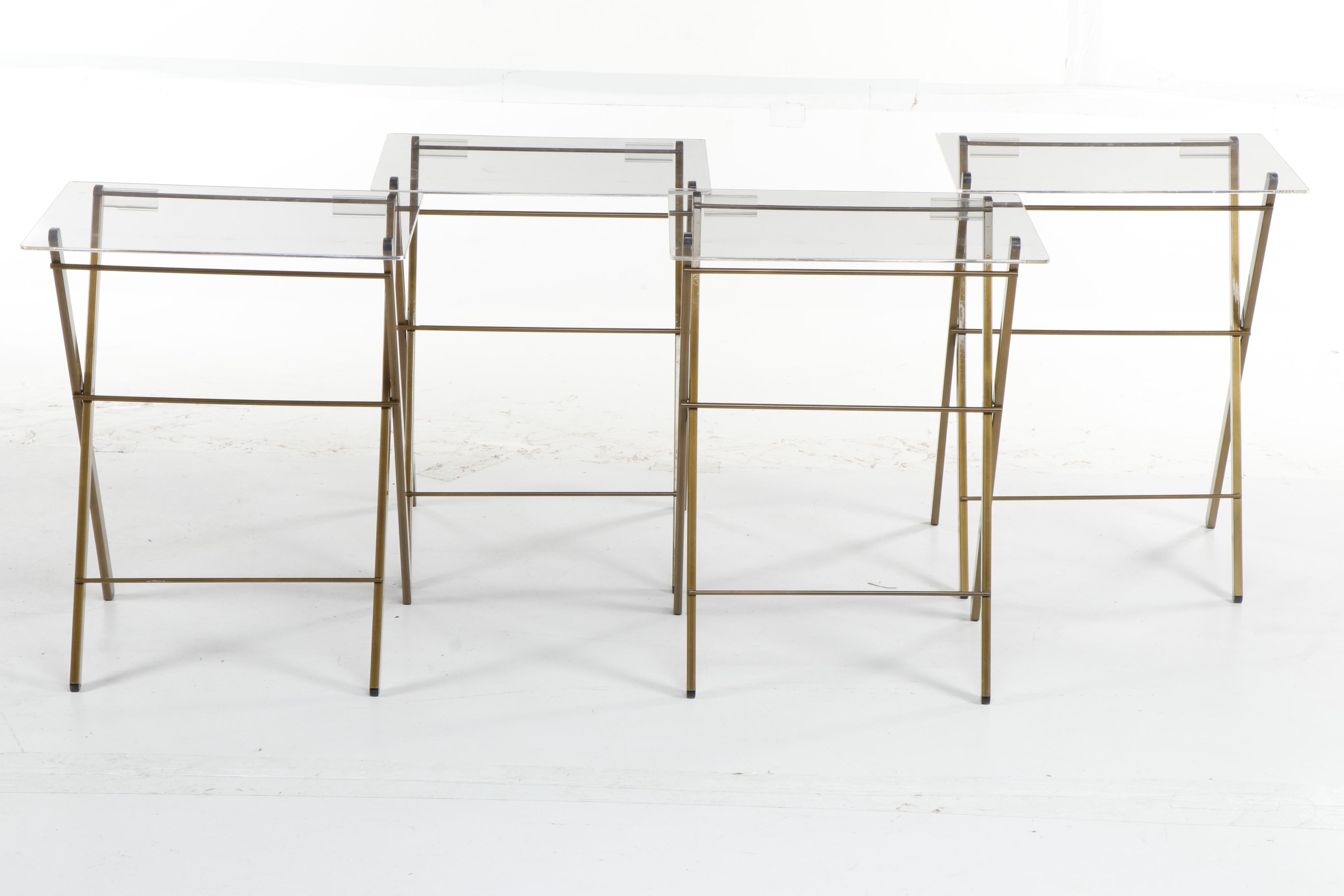Contemporary Clear Acrylic Top Folding Tables with Brass Tone Metal Bases