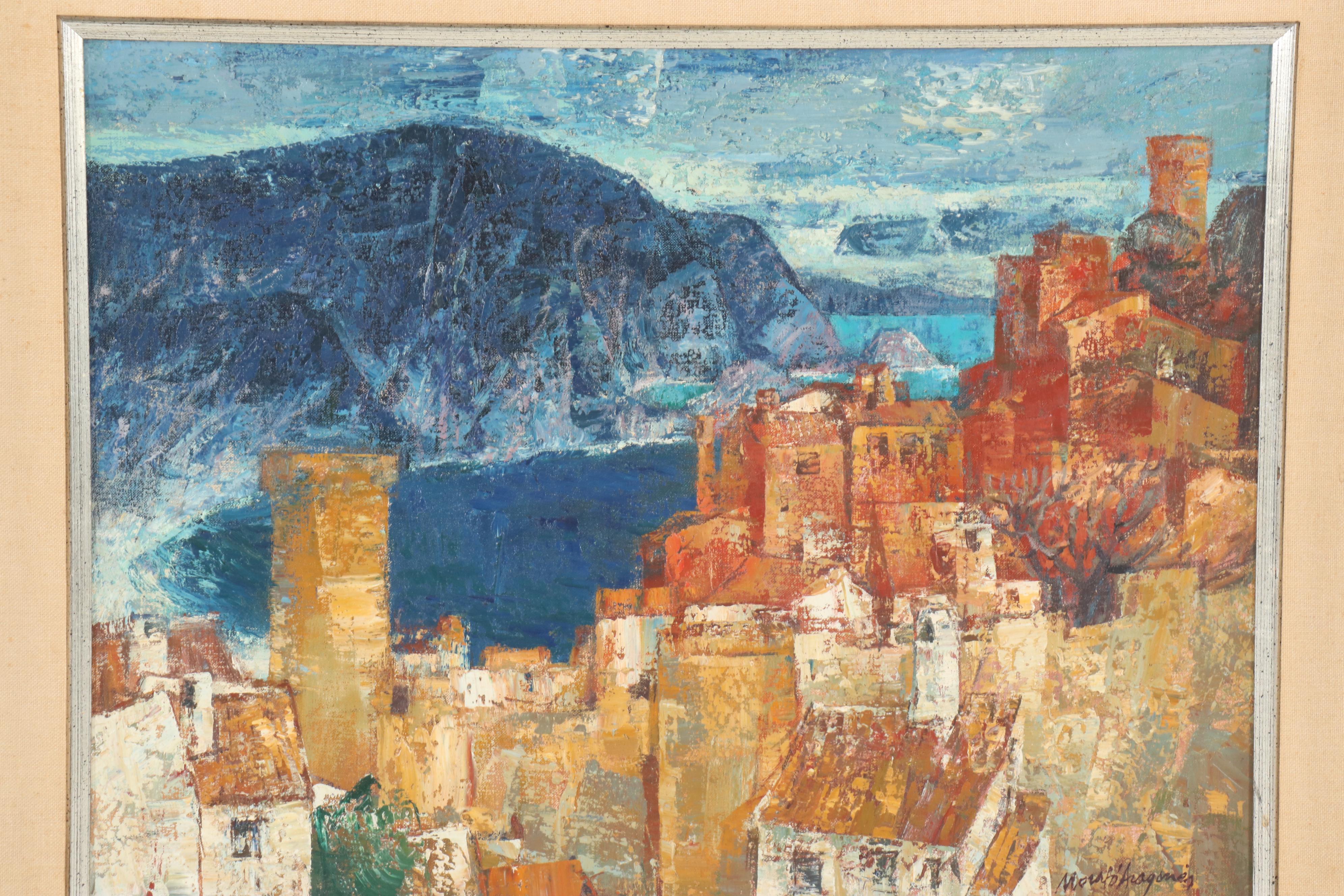 M. Aragones "Spanish Town" Oil Painting