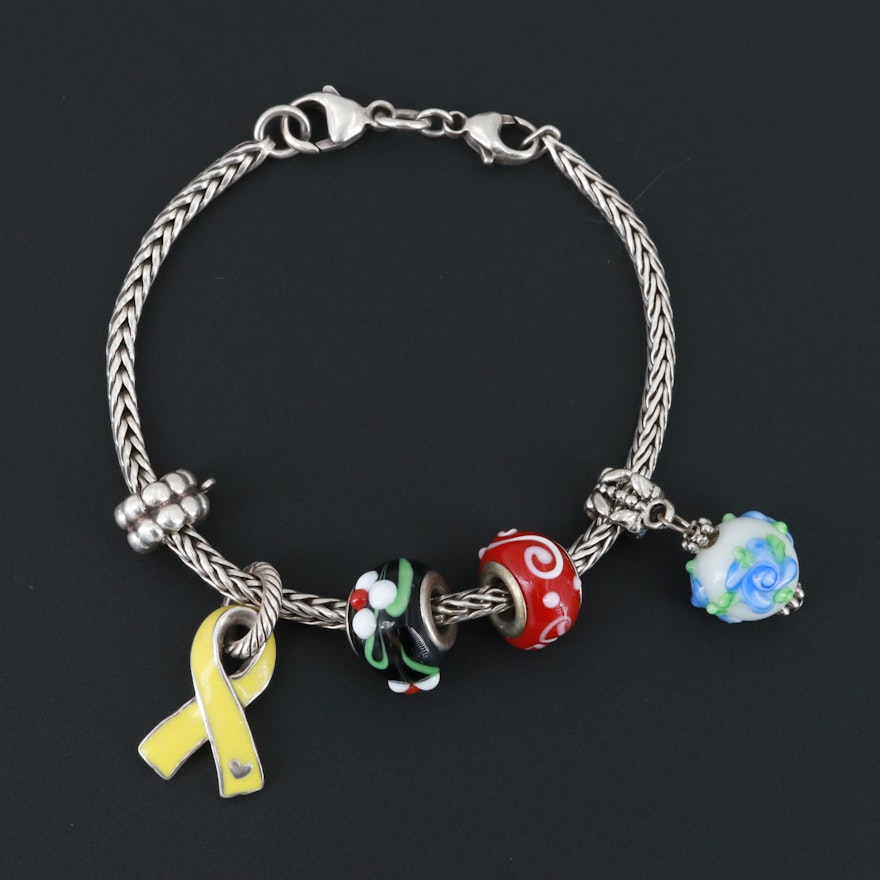 Sterling Silver Enamel Charm Bracelet With Silver Tone Glass Charms